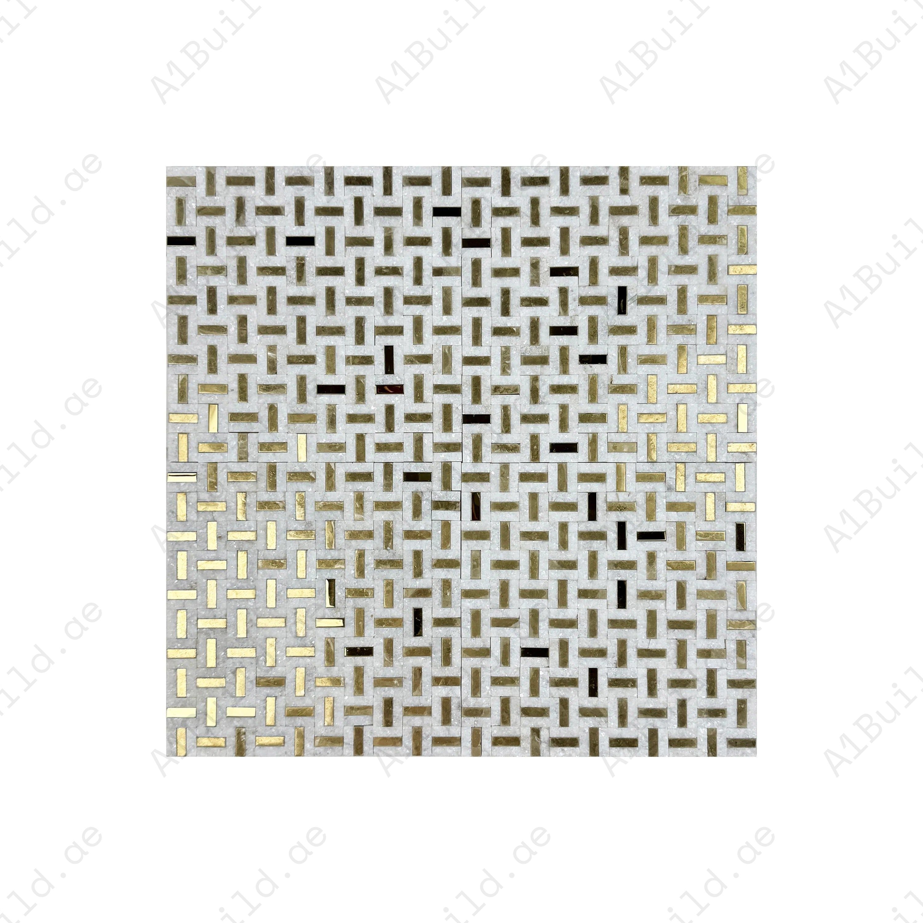 Luxury white marble mosaic with gold stainless steel accents, split surface design, durable, stylish, ideal for walls, kitchens, and high-end interiors.