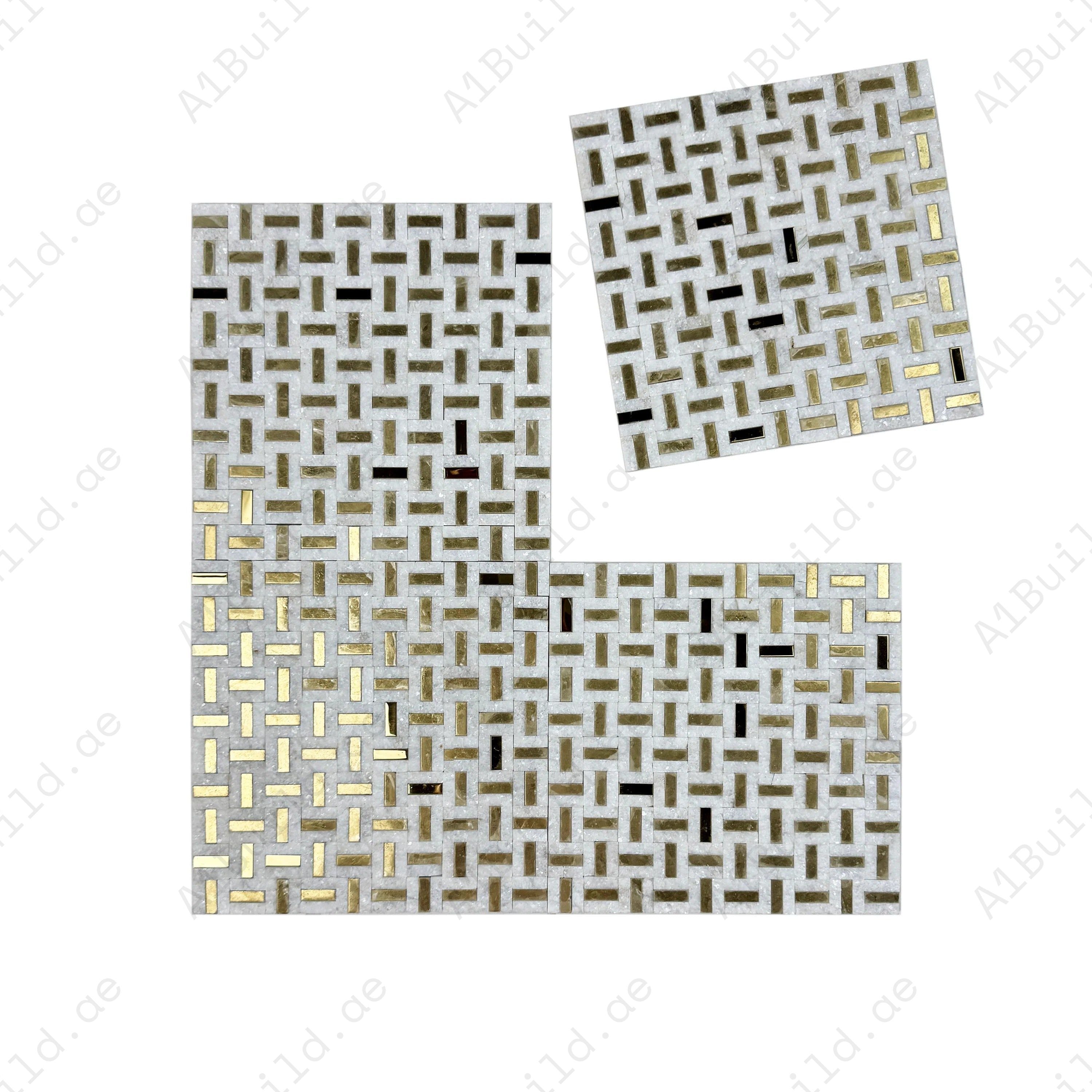 Luxury white marble mosaic with gold stainless steel accents, split surface design, durable, stylish, ideal for walls, kitchens, and high-end interiors.