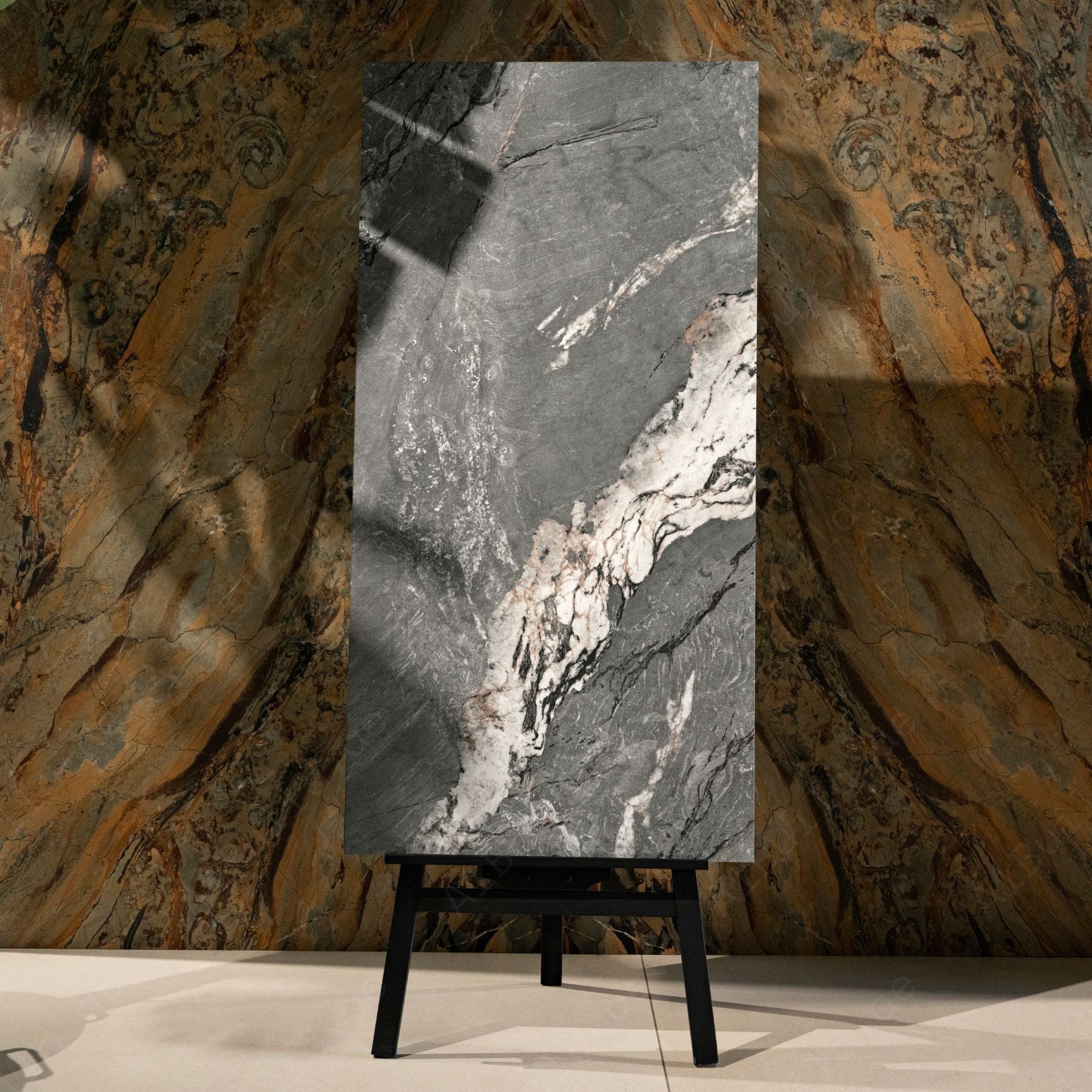 Malachete Nero porcelain tile 60x120cm features a deep stone look with premium porcelain durability, ideal for modern floor and wall applications.