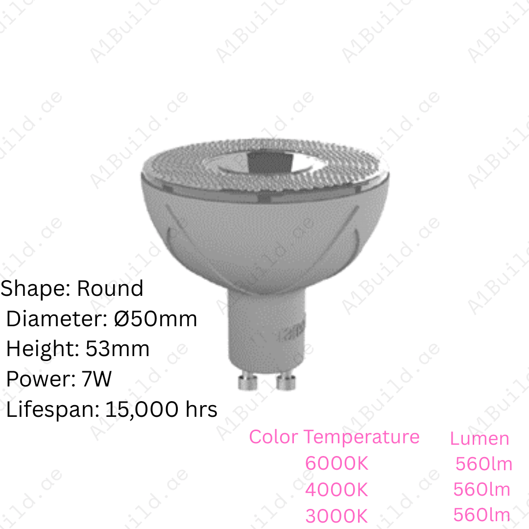 Mar GU10 LED Spotlight 7W 560lm. Energy-saving, CRI>80,38° beam, 15,000hr lifespan, compact Ø50xH53mm, 6000K/4000K/3000K, ideal for indoor & task lighting today.