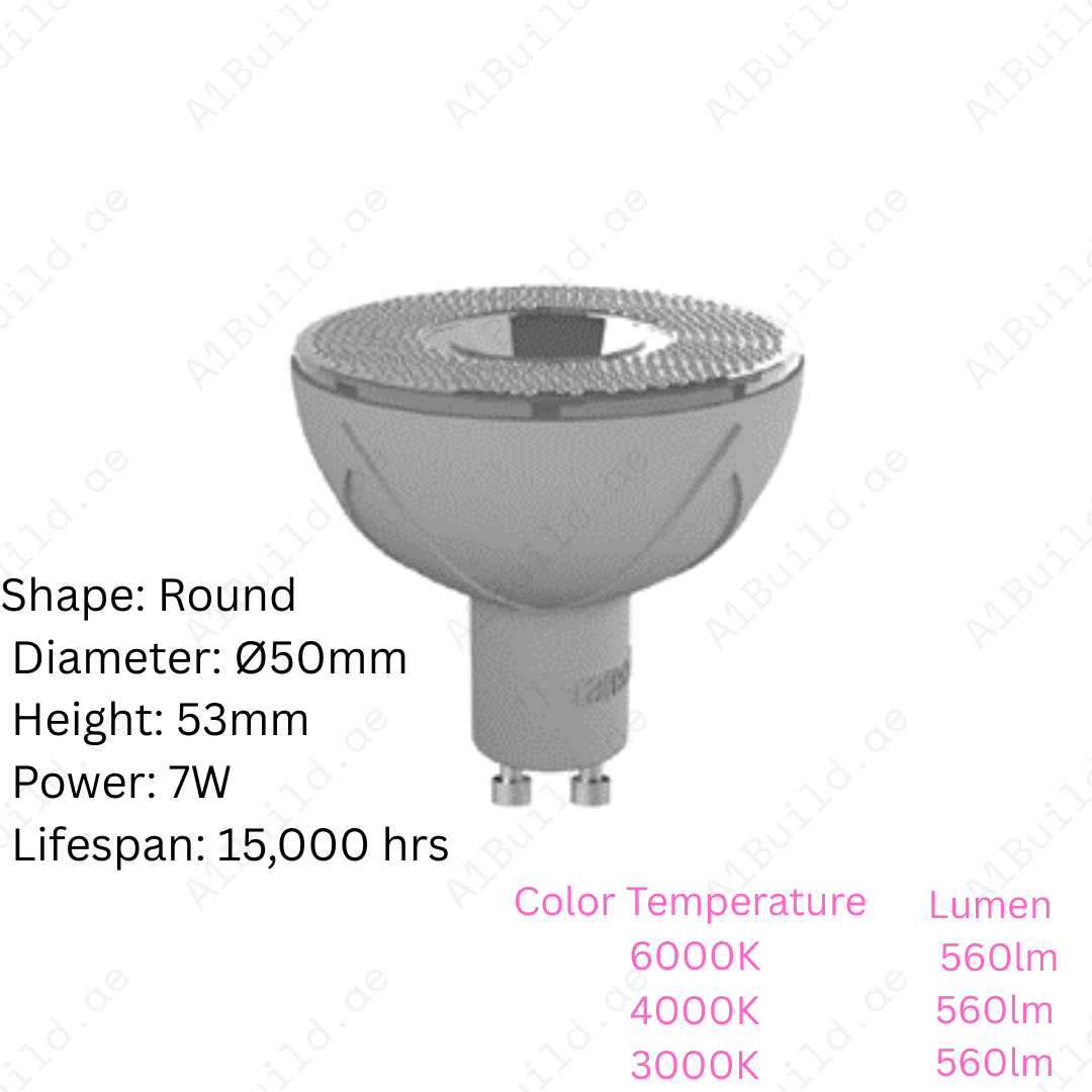 Mar GU10 LED Spotlight 7W 560lm. Energy-saving, CRI>80,38° beam, 15,000hr lifespan, compact Ø50xH53mm, 6000K/4000K/3000K, ideal for indoor & task lighting today.