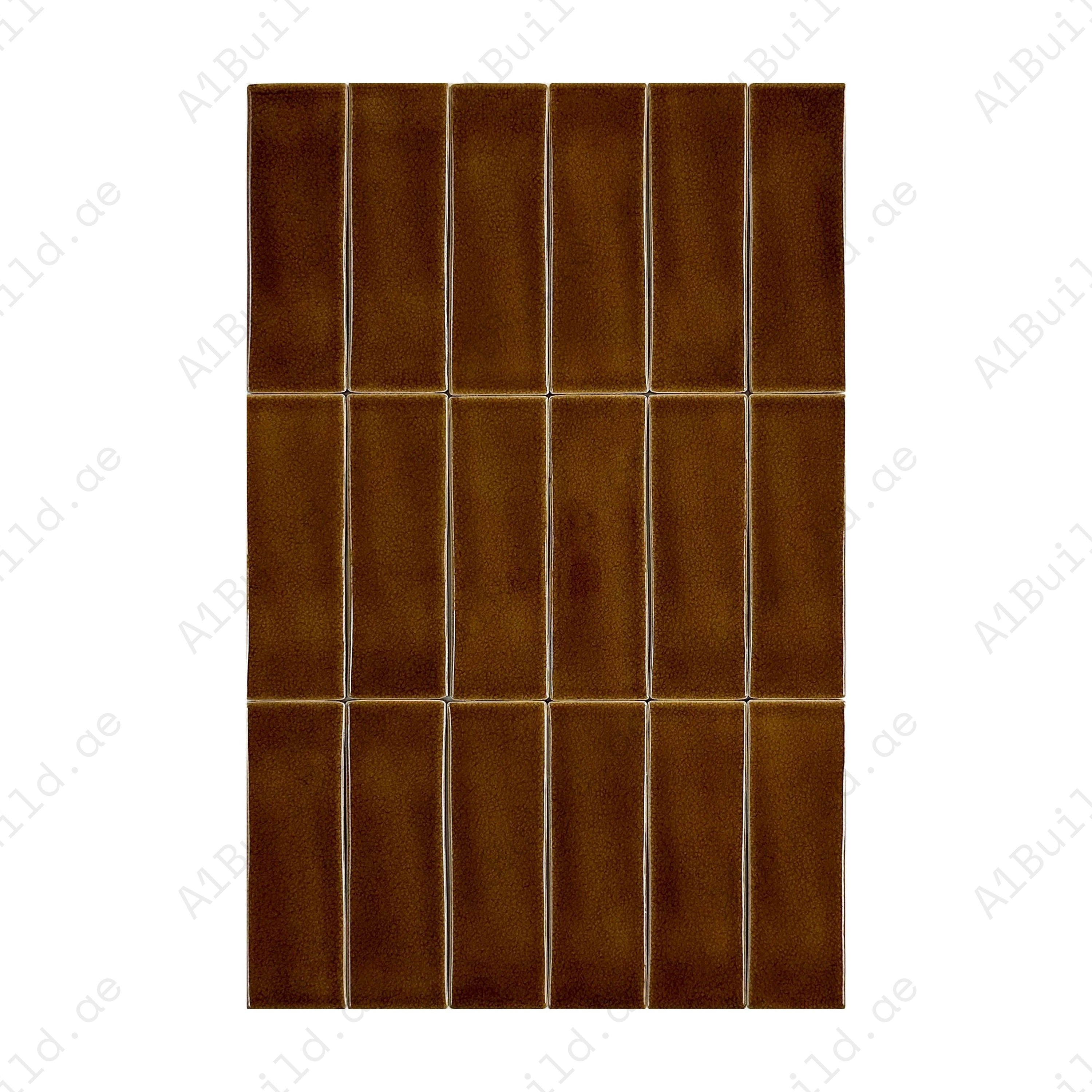 Medium Coffee glossy crackle porcelain tile with long-strip design. Durable, waterproof, scratch-resistant & ideal for walls, backsplashes & interiors.