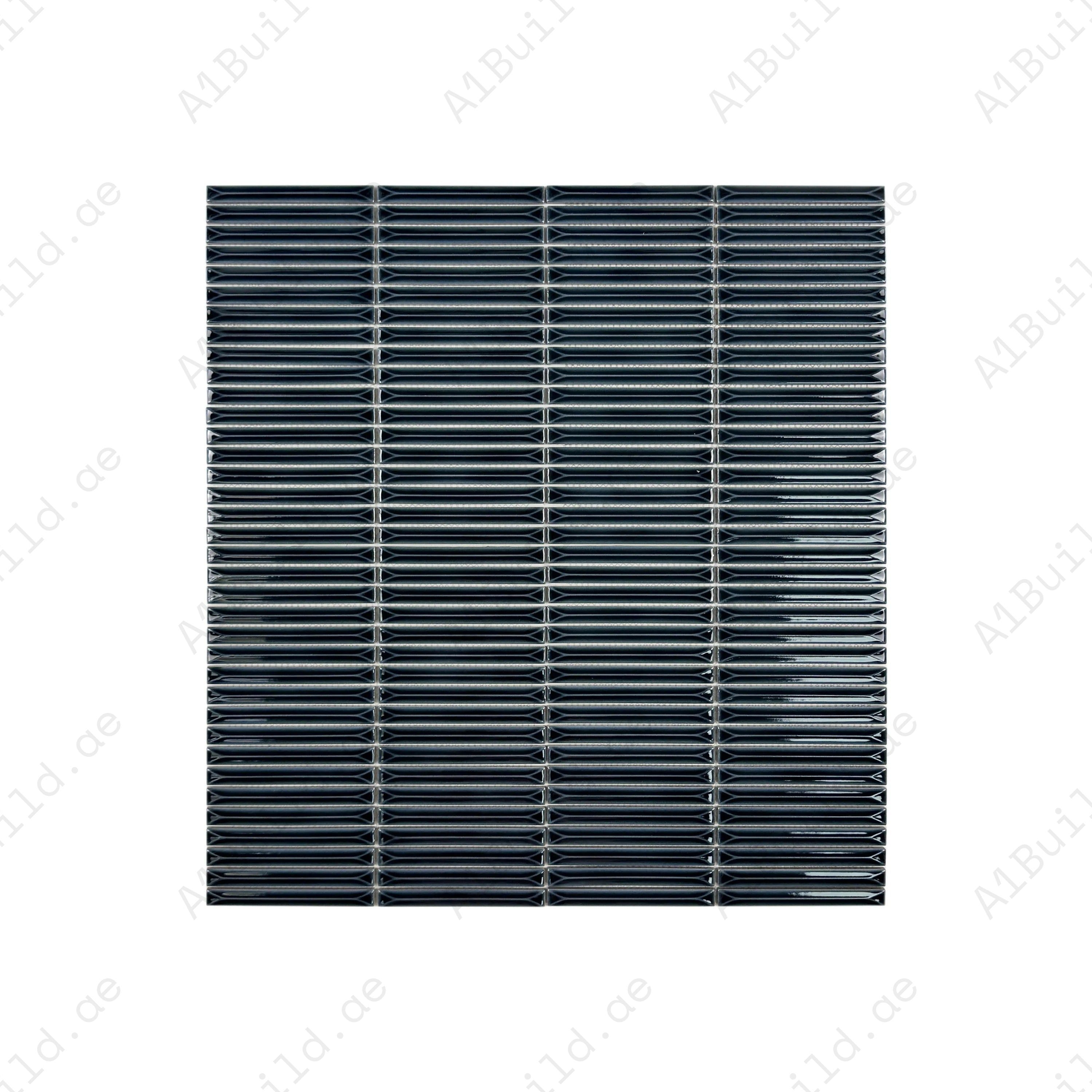 Midnight Blue elongated beveled glossy porcelain mosaic tile. UV-resistant, scratch-proof & easy-to-clean—perfect for walls, kitchens & luxury interiors.