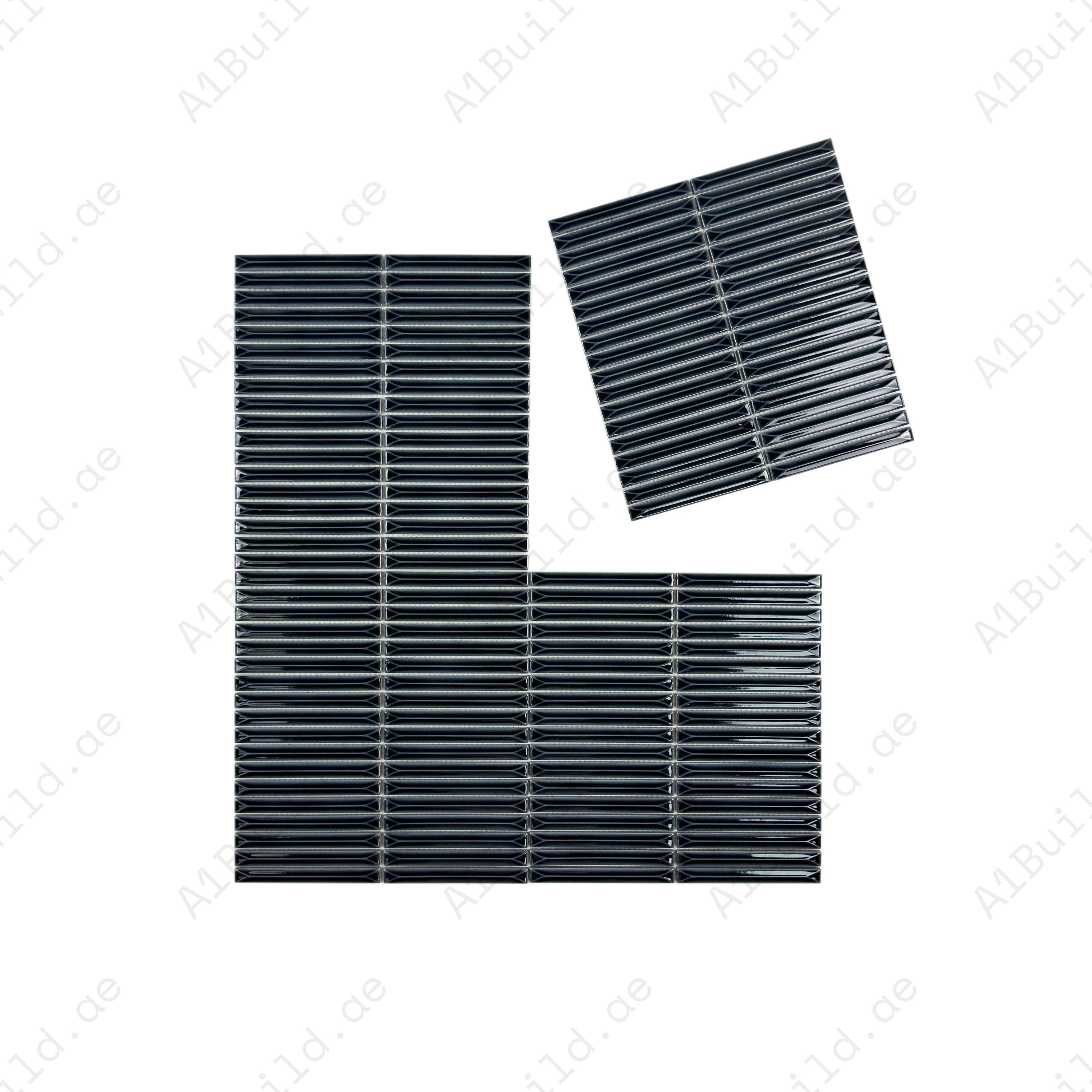 Midnight Blue elongated beveled glossy porcelain mosaic tile. UV-resistant, scratch-proof & easy-to-clean—perfect for walls, kitchens & luxury interiors.