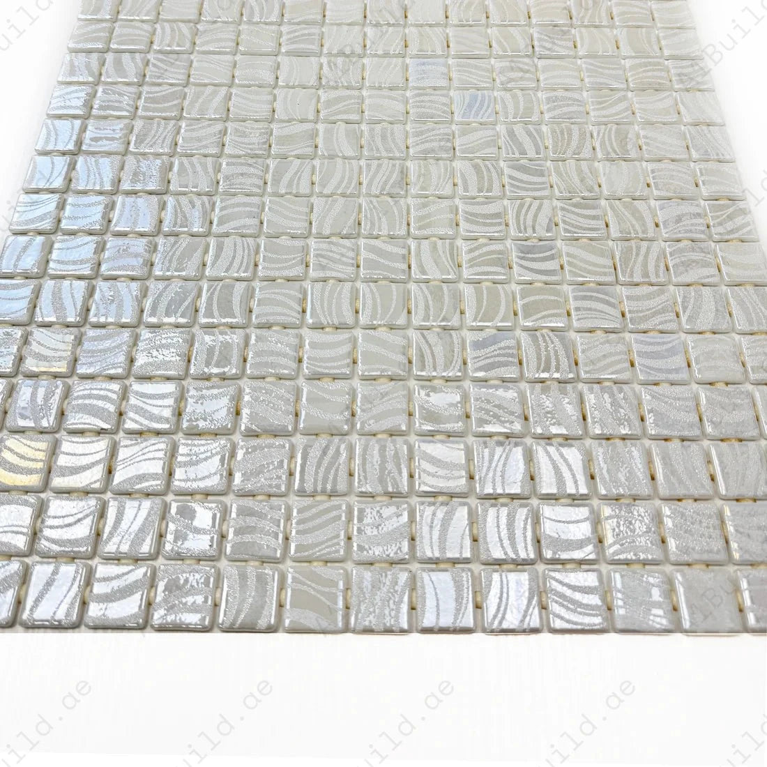 Milky White recycled glass mosaic with shiny streaks & swirls. UV-resistant, slip-proof & durable—ideal for pools, spas, feature walls & water features.