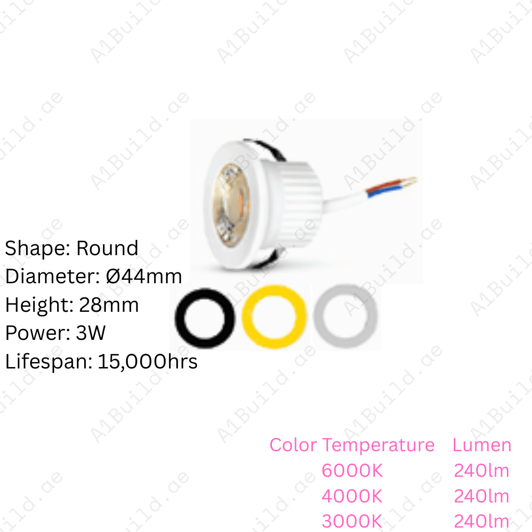 Mini LED Spotlight 3W with 6000K, 4000K, 3000K options. Energy-saving, 15,000hrs lifespan, CRI >80, compact Ø44xH28mm, ideal for modern indoor lighting.