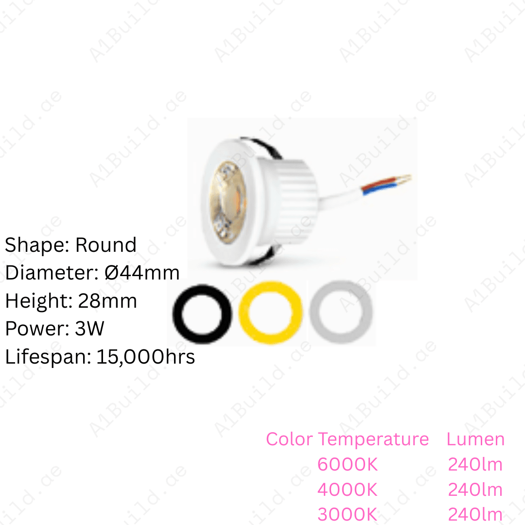 Mini LED Spotlight 3W with 6000K, 4000K, 3000K options. Energy-saving, 15,000hrs lifespan, CRI >80, compact Ø44xH28mm, ideal for modern indoor lighting.