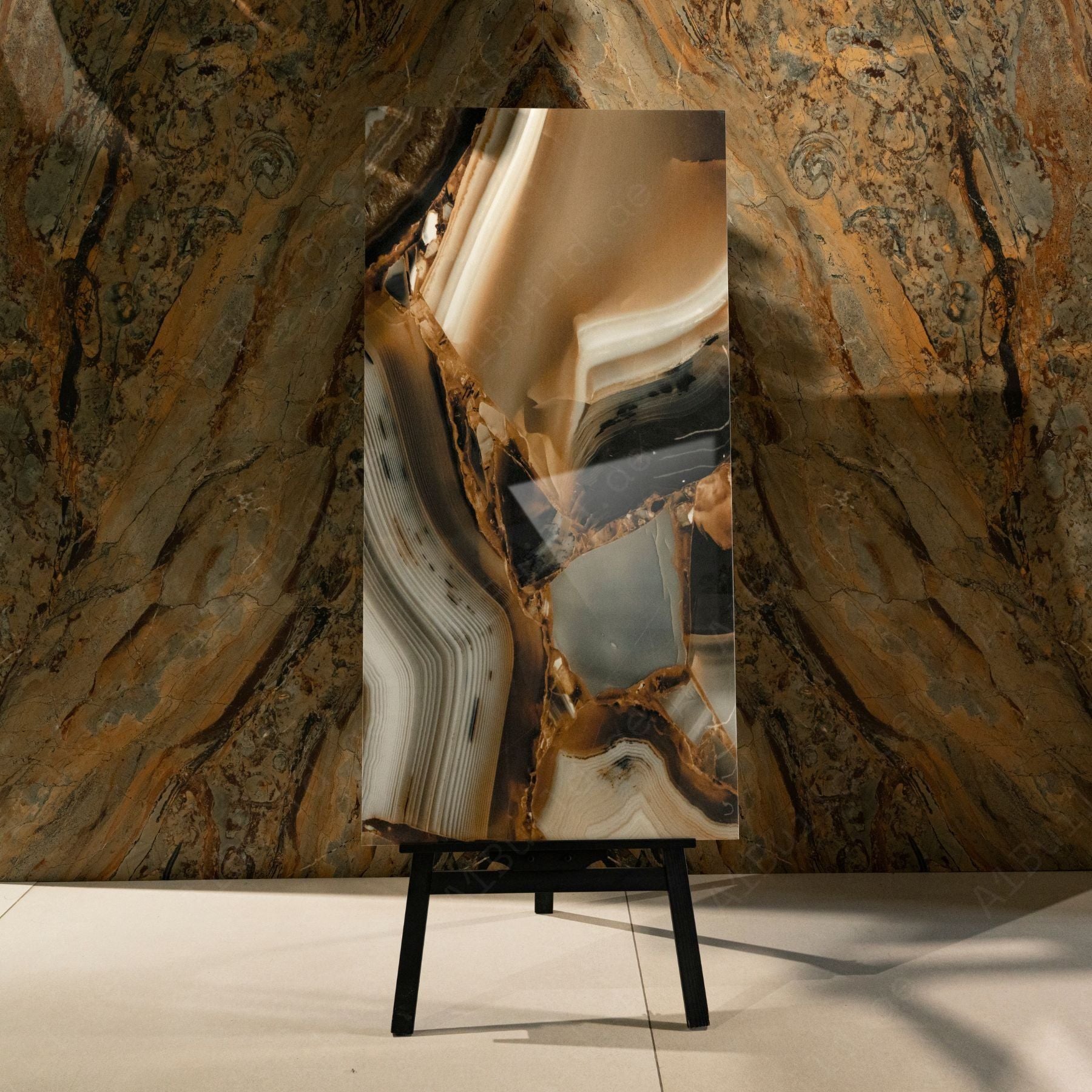 Mirror Stone glossy porcelain tile 60x120cm with 9mm thickness features grey stone texture, reflective polished surface and elegant finish.