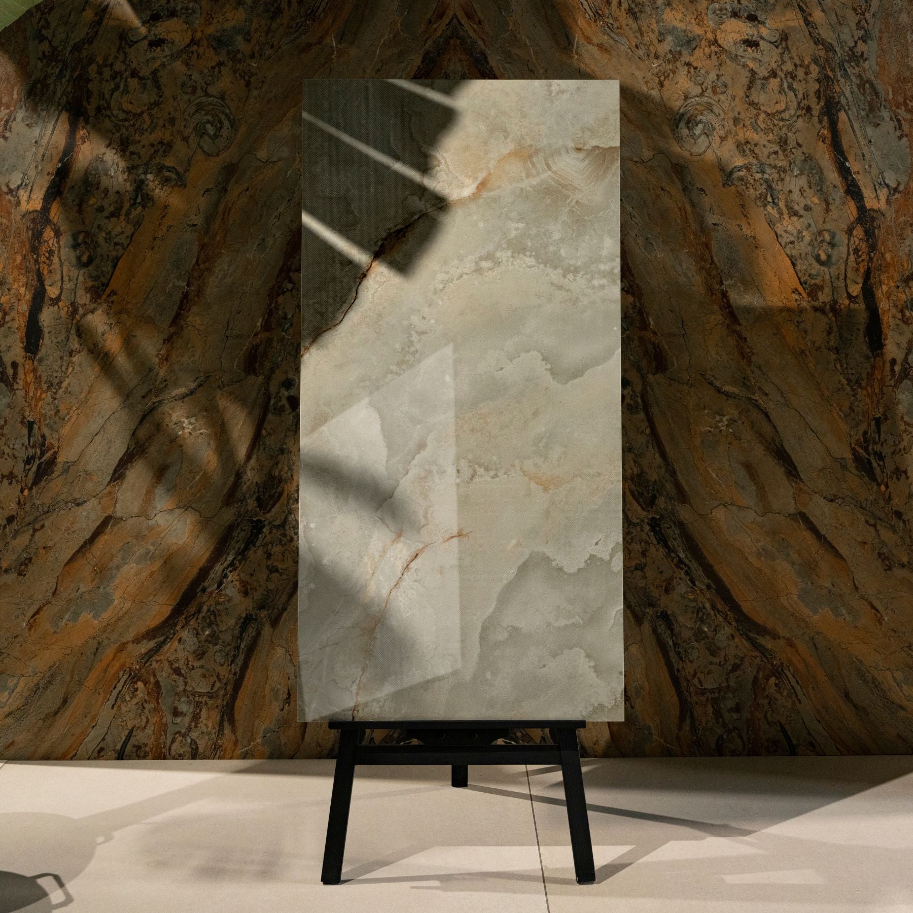 Misty Moss glossy stone look porcelain tile 60x120cm with 9mm thickness features soft earthy tones, polished surface, and durable performance for interiors.