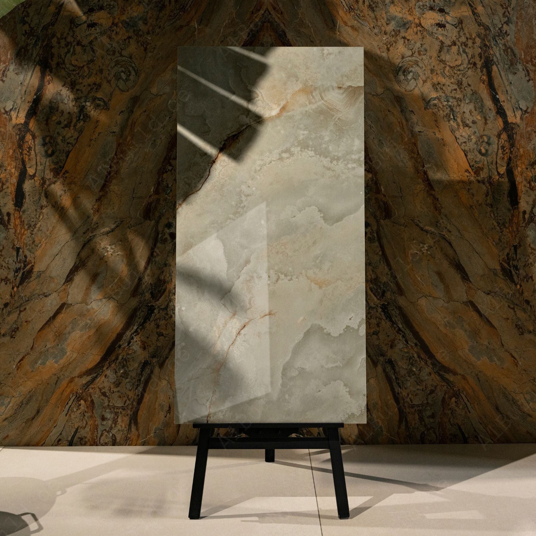 Misty Moss glossy stone look porcelain tile 60x120cm with 9mm thickness features soft earthy tones, polished surface, and durable performance for interiors.