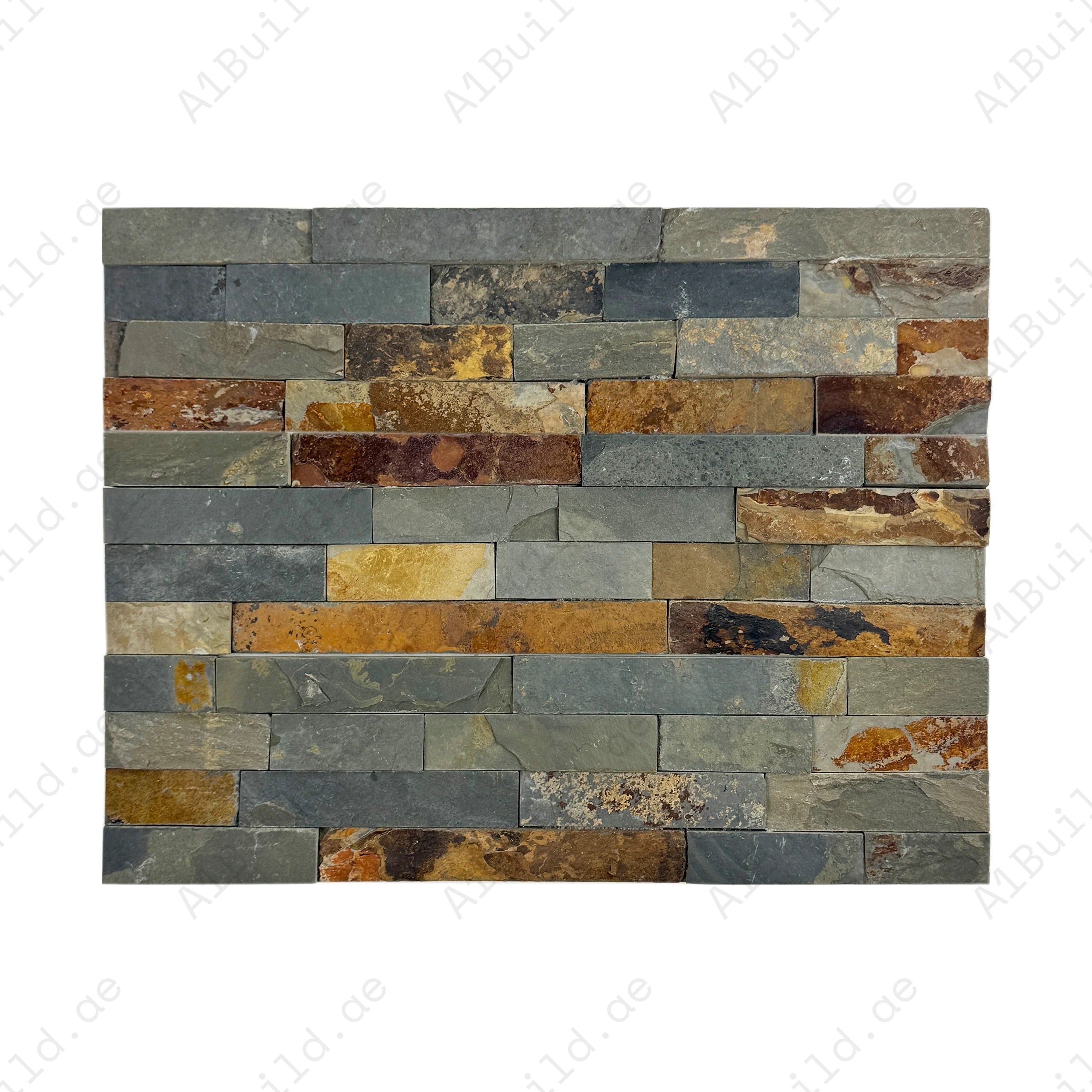 Mixed brown, black and rust flat slate wall cladding, 150x600mm. 4 lines/sheet 8 pcs/box (0.72 m²). Durable panels for indoor/outdoor feature walls and facades.