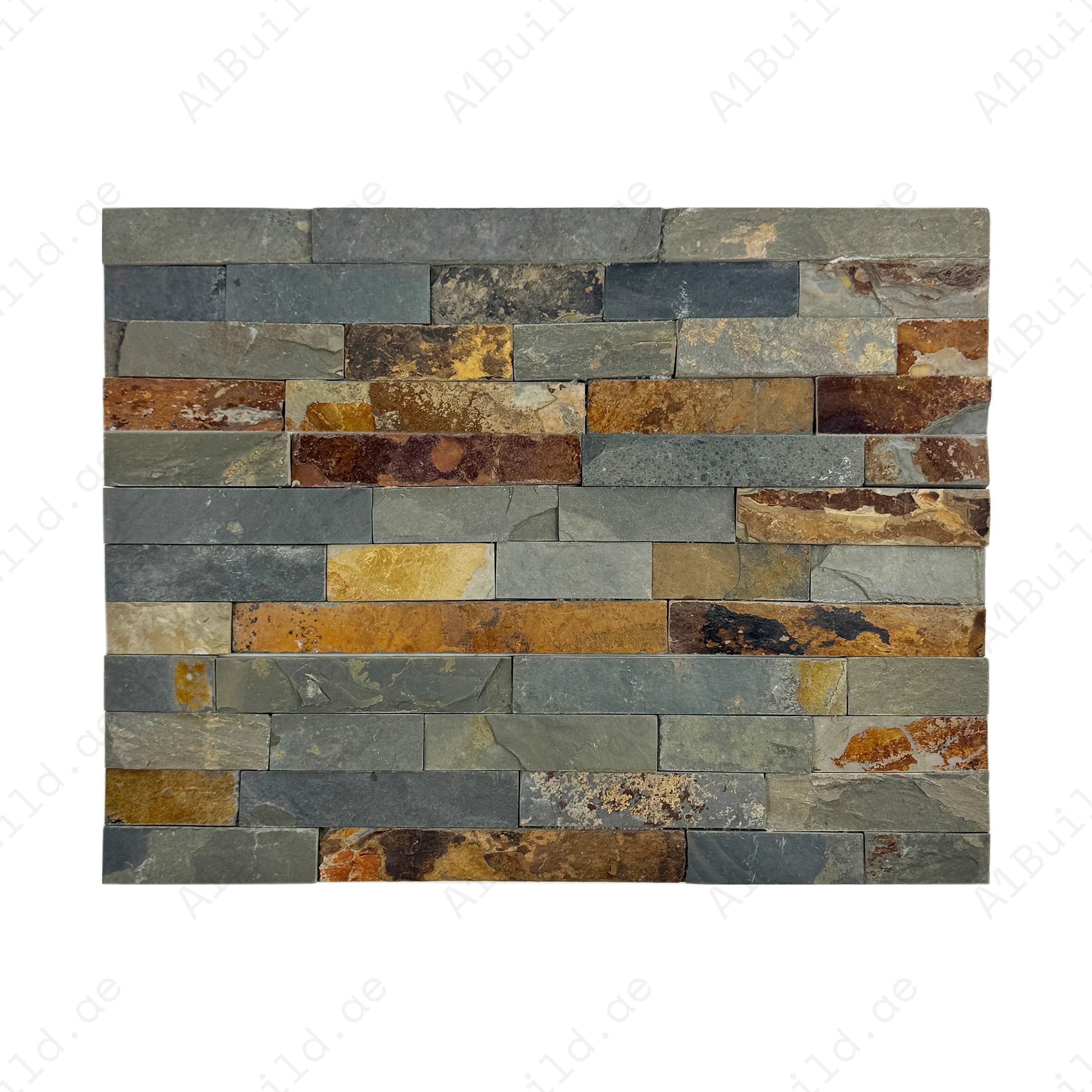 Mixed brown, black and rust flat slate wall cladding, 150x600mm. 4 lines/sheet 8 pcs/box (0.72 m²). Durable panels for indoor/outdoor feature walls and facades.