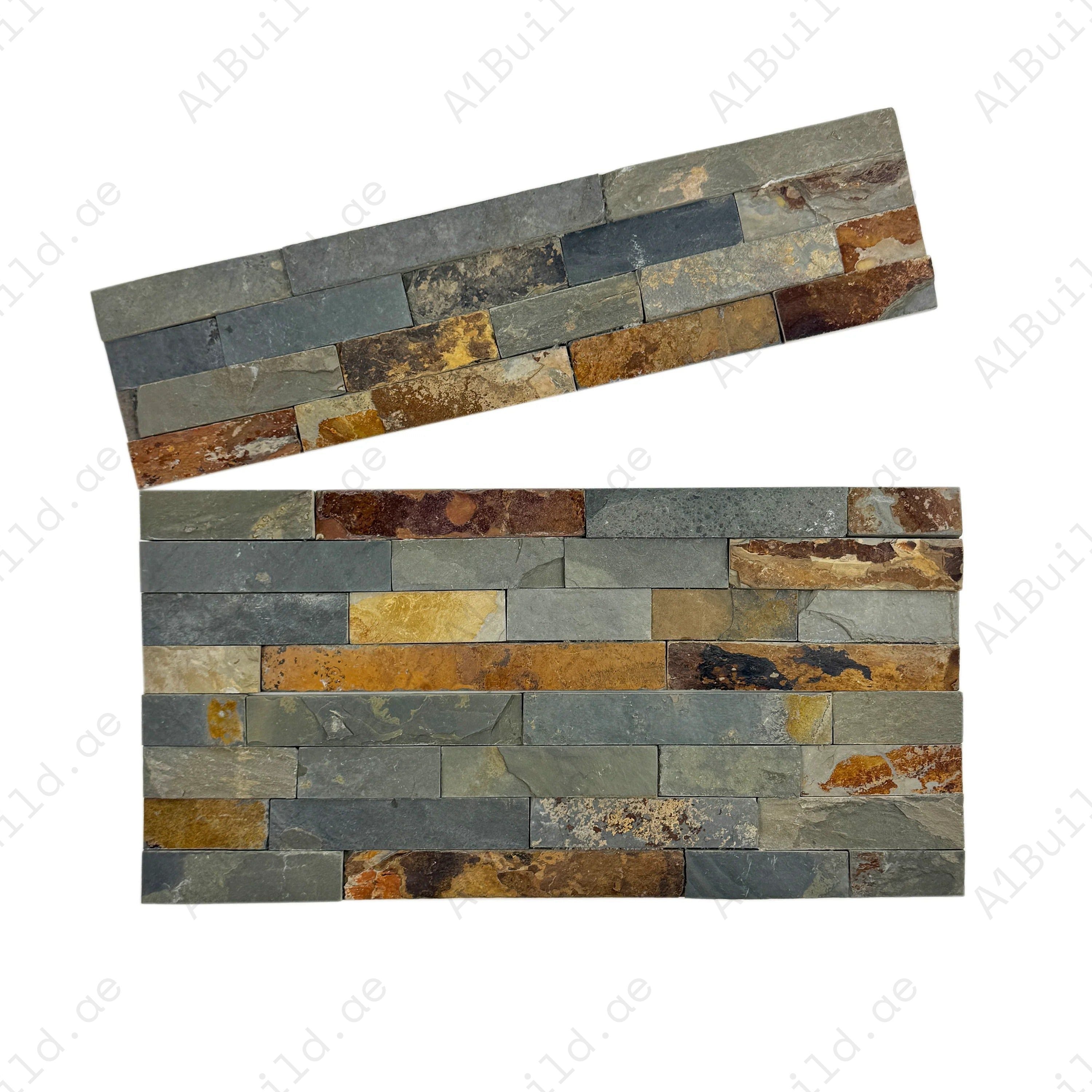 Mixed brown, black and rust flat slate wall cladding, 150x600mm. 4 lines/sheet 8 pcs/box (0.72 m²). Durable panels for indoor/outdoor feature walls and facades.