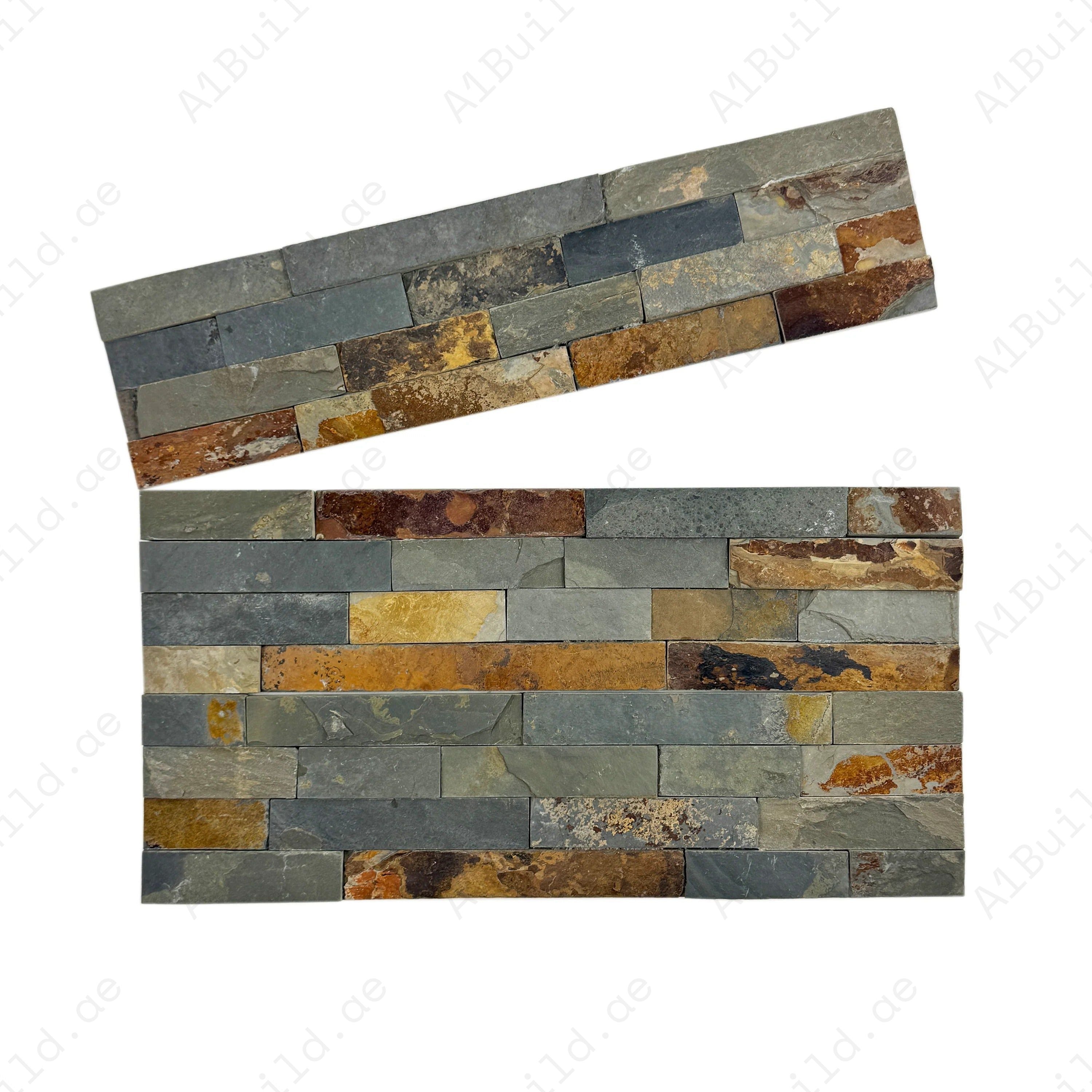Mixed brown, black and rust flat slate wall cladding, 150x600mm. 4 lines/sheet 8 pcs/box (0.72 m²). Durable panels for indoor/outdoor feature walls and facades.