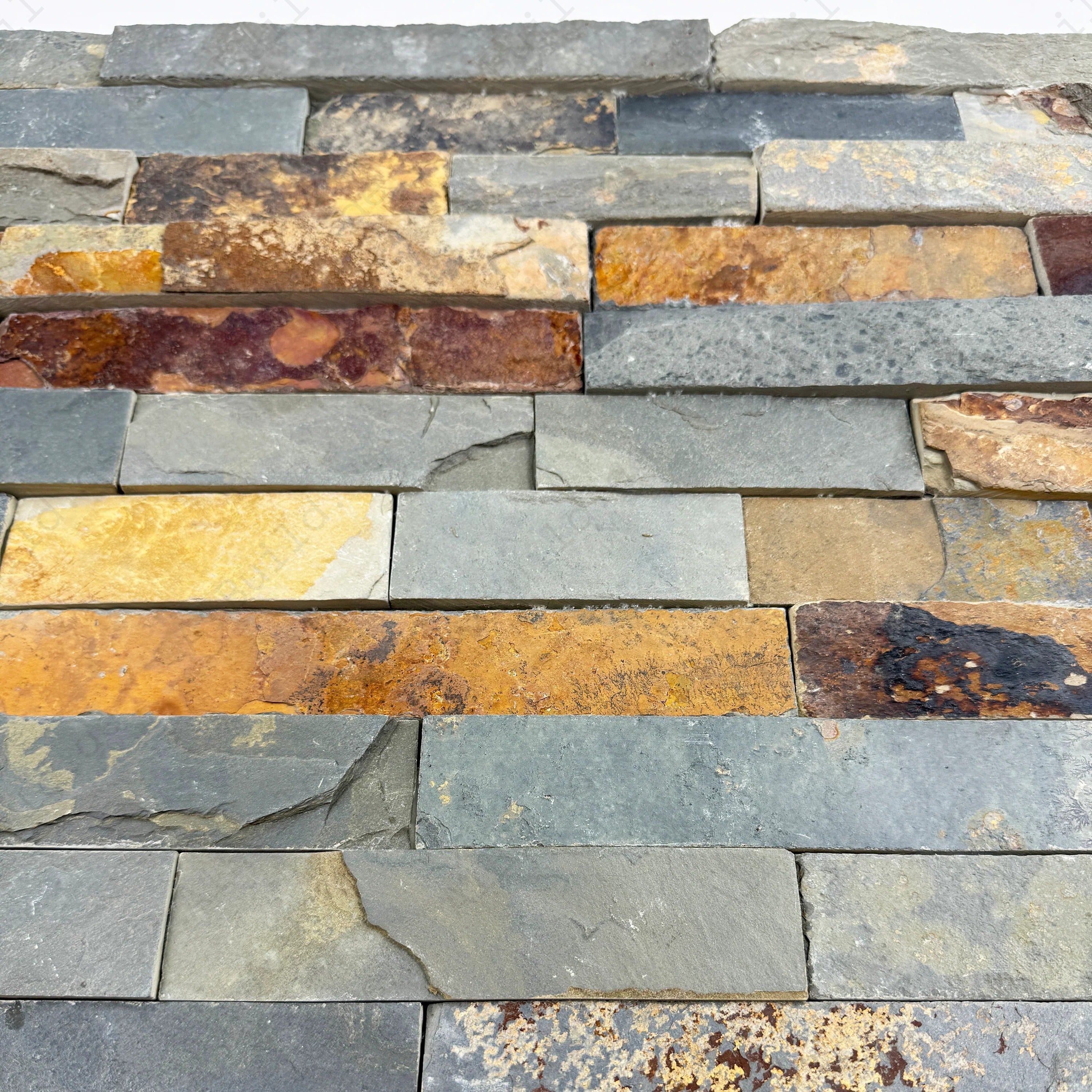 Mixed brown, black and rust flat slate wall cladding, 150x600mm. 4 lines/sheet 8 pcs/box (0.72 m²). Durable panels for indoor/outdoor feature walls and facades.