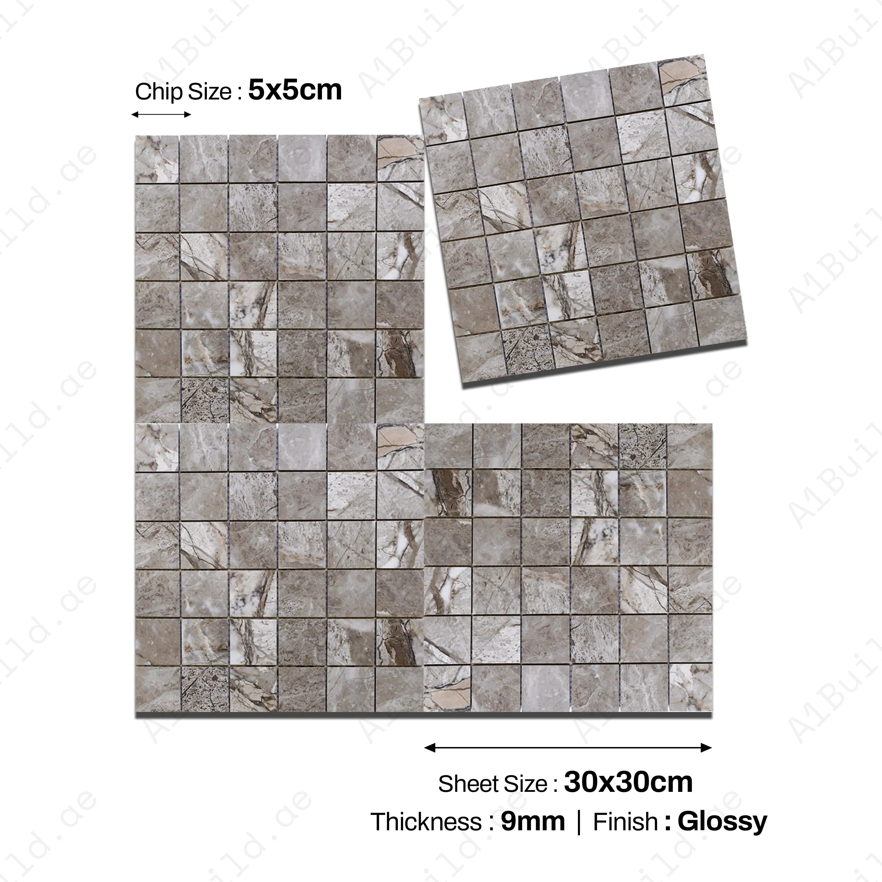 Mocha Grey Polish Mosaic Tiles – 30x30 cm Sheet | Glossy Finish