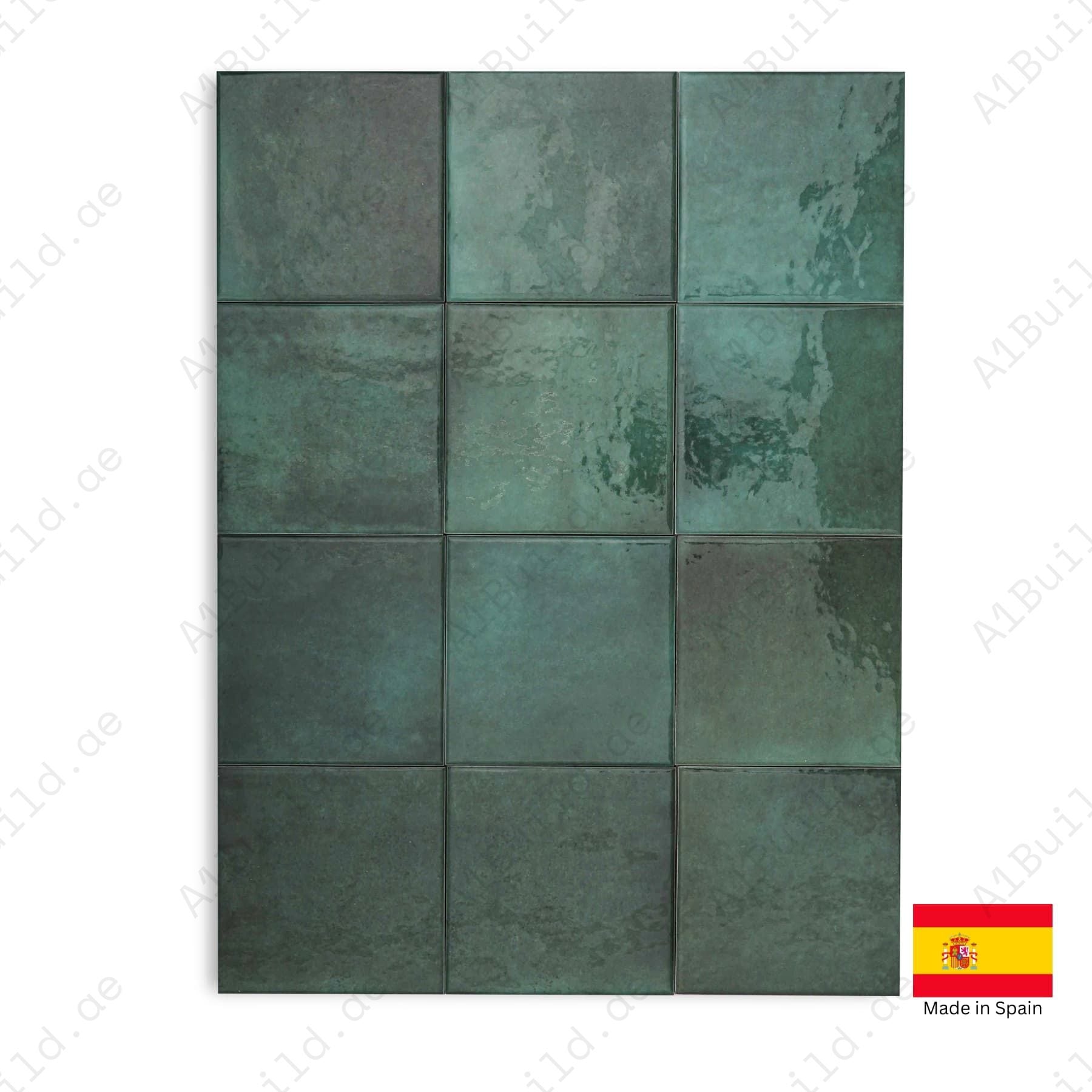 Moss Green glossy 15x15cm Spanish porcelain tiles for indoor floors, walls, and outdoor walls. Durable, water-resistant, and stylish.
