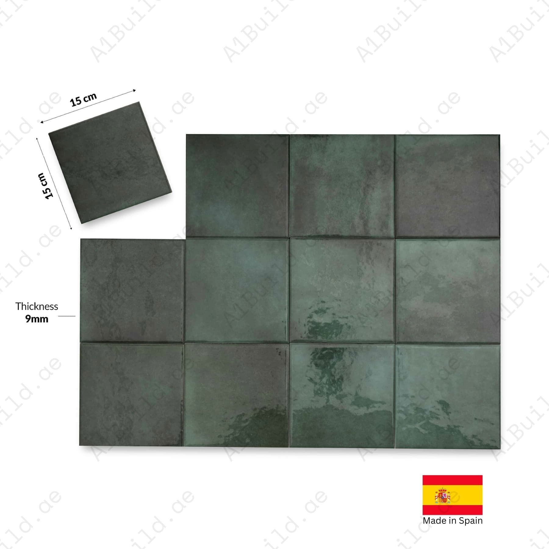 Moss Green glossy 15x15cm Spanish porcelain tiles for indoor floors, walls, and outdoor walls. Durable, water-resistant, and stylish.