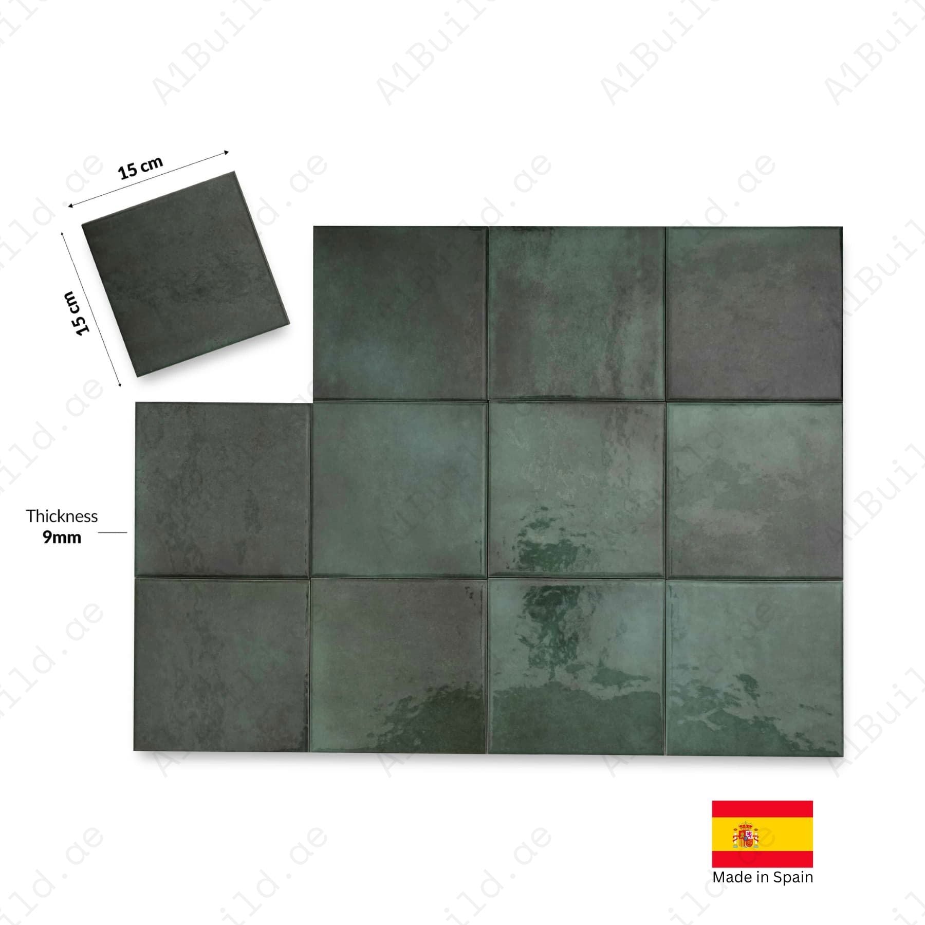 Moss Green glossy 15x15cm Spanish porcelain tiles for indoor floors, walls, and outdoor walls. Durable, water-resistant, and stylish.