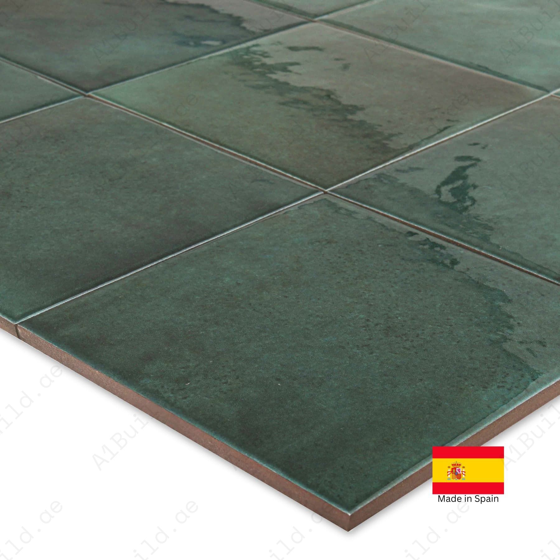 Moss Green glossy 15x15cm Spanish porcelain tiles for indoor floors, walls, and outdoor walls. Durable, water-resistant, and stylish.