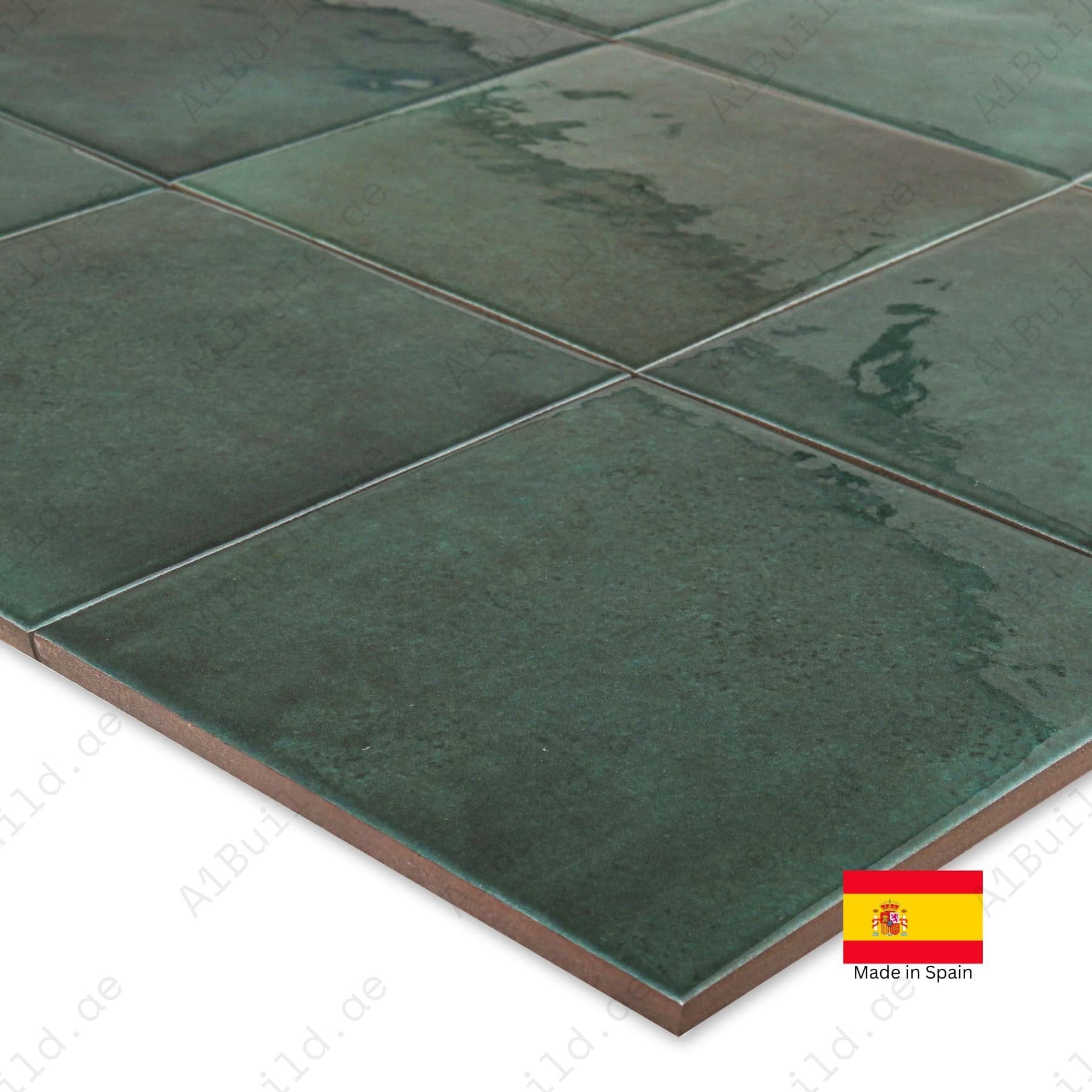Moss Green glossy 15x15cm Spanish porcelain tiles for indoor floors, walls, and outdoor walls. Durable, water-resistant, and stylish.