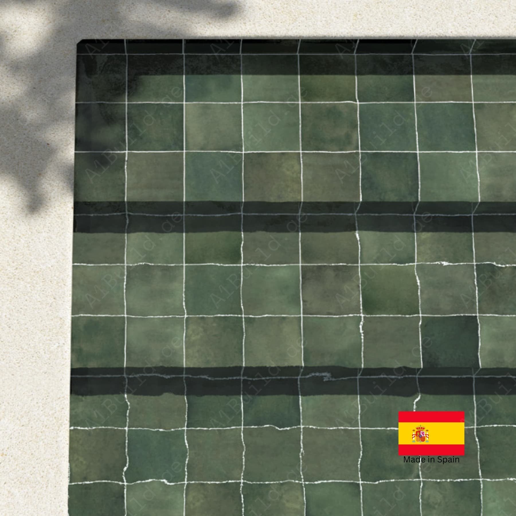 Moss Green glossy 15x15cm Spanish porcelain tiles for indoor floors, walls, and outdoor walls. Durable, water-resistant, and stylish.