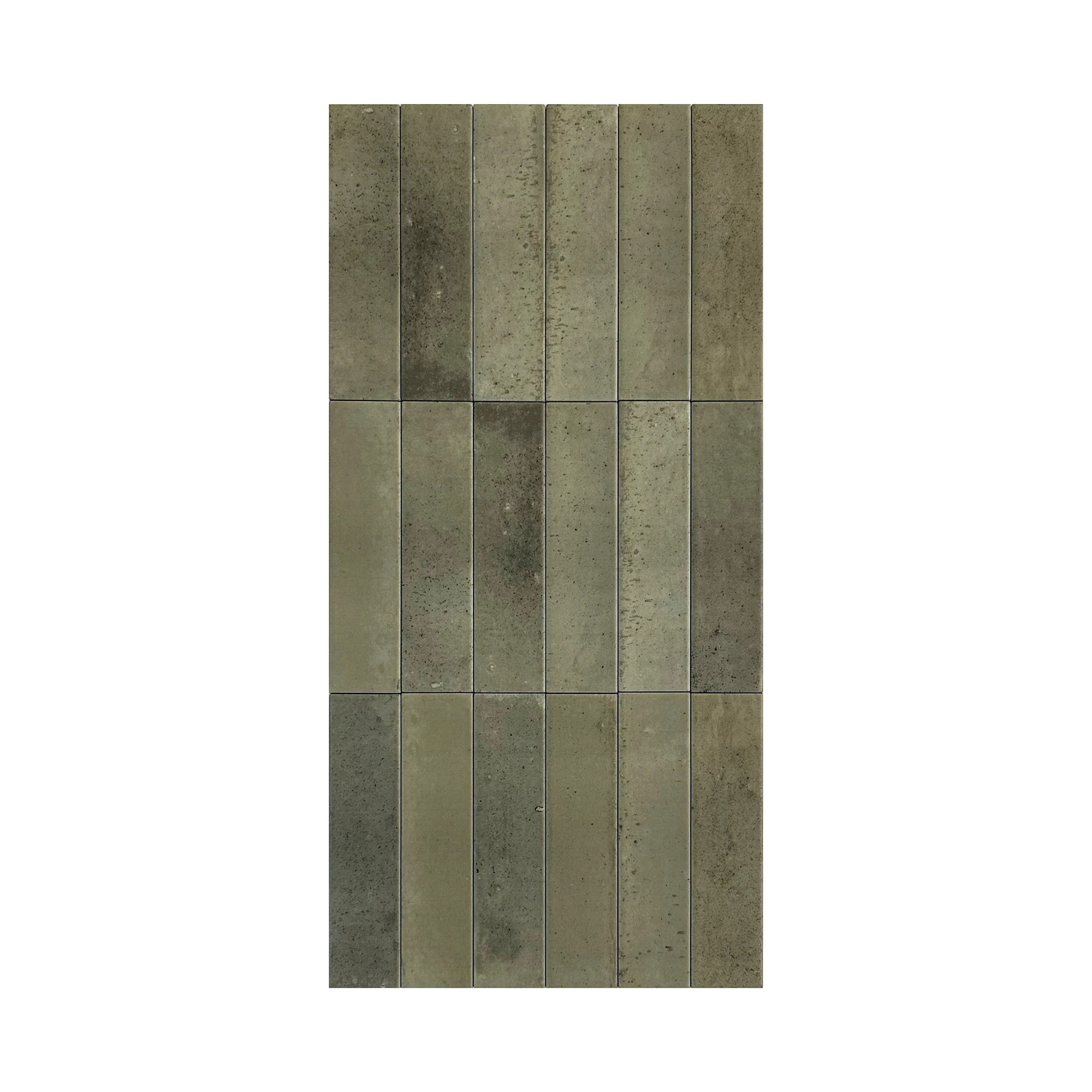 Muted grass green matte porcelain tiles with long-strip design. Durable, waterproof & scratch-resistant. Perfect for walls, floors & kitchen backsplashes.