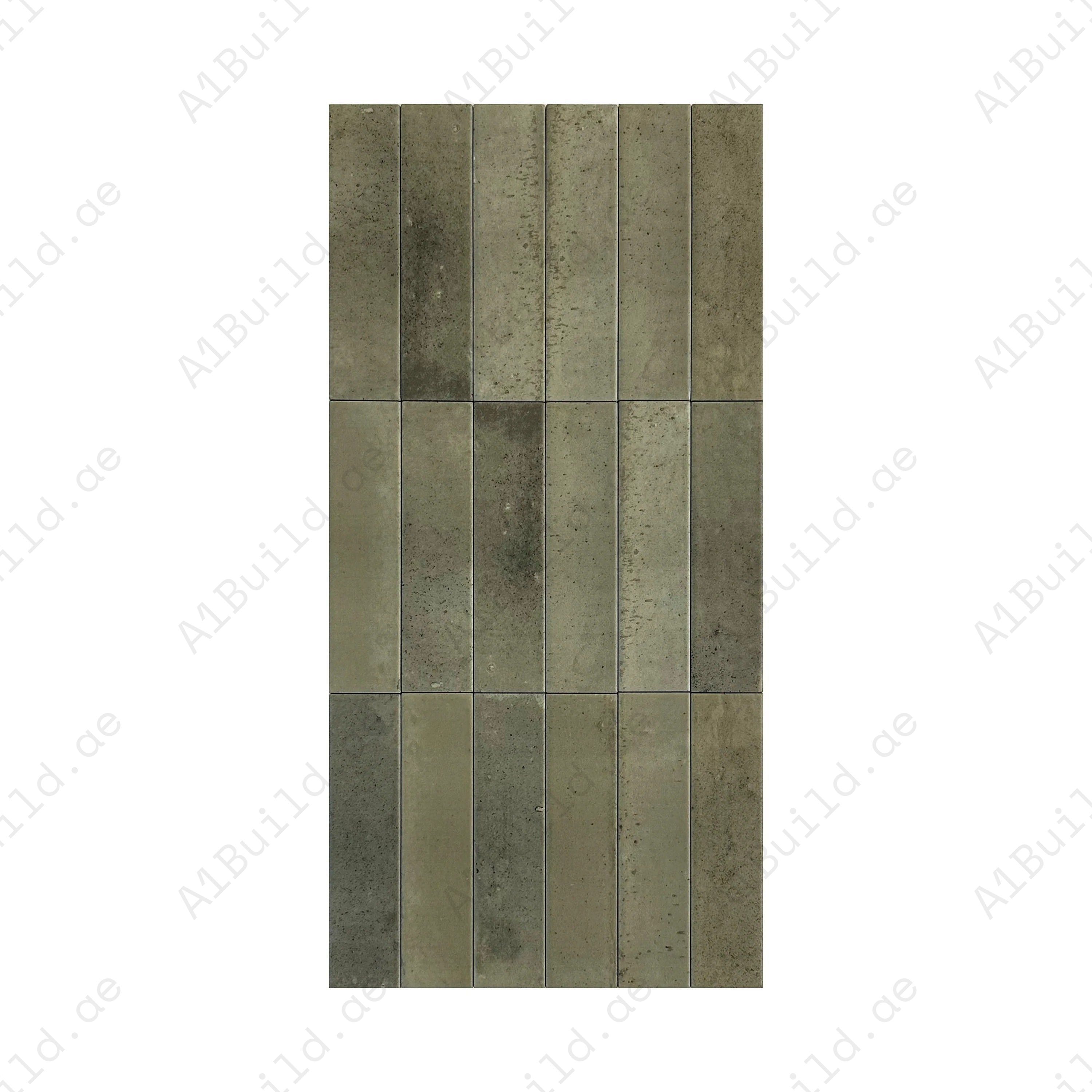 Muted grass green matte porcelain tiles with long-strip design. Durable, waterproof & scratch-resistant. Perfect for walls, floors & kitchen backsplashes.