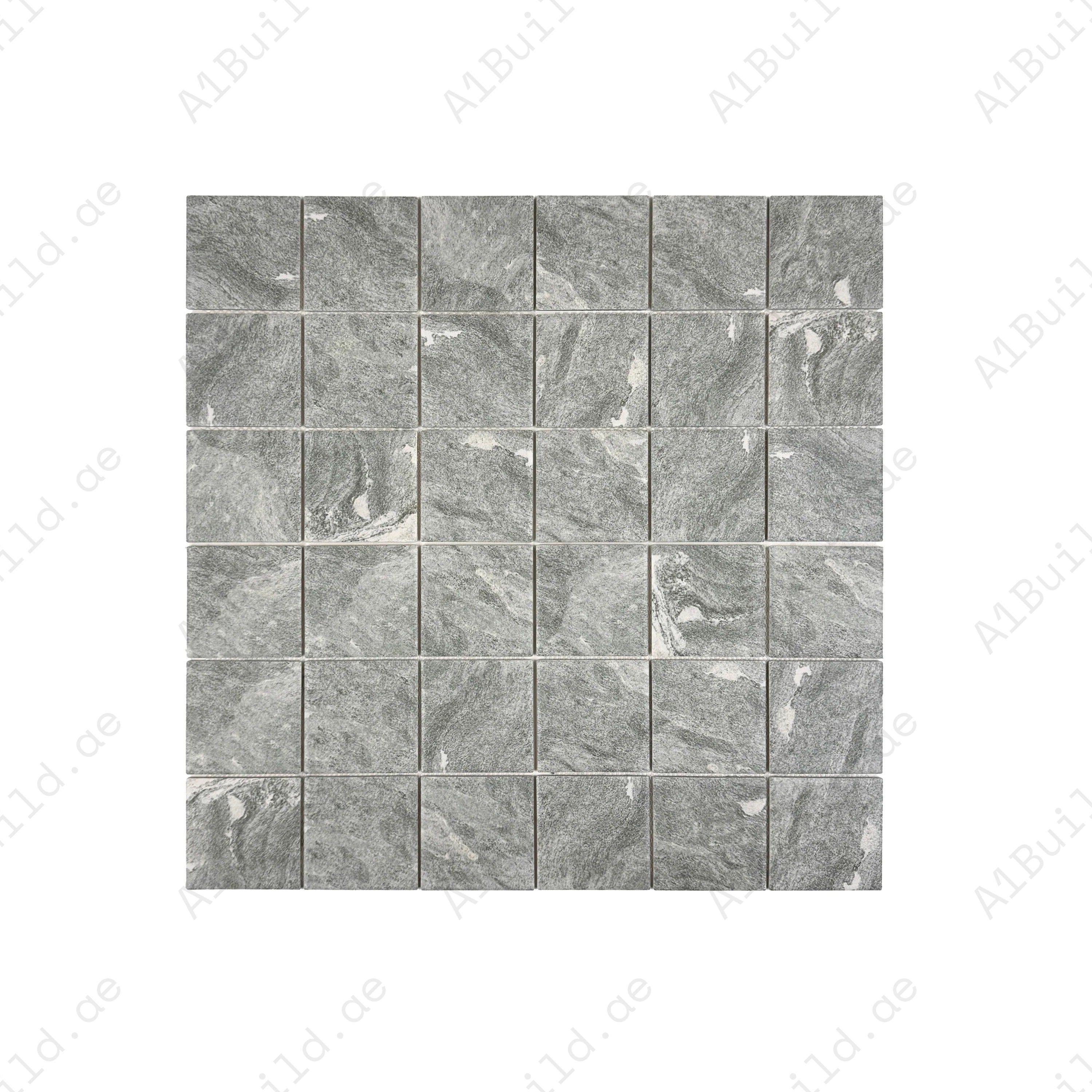 Myanmar grey porcelain mosaic tiles with flat surface for pools, spas & water walls. UV-resistant, slip-proof, eco-friendly, and designed for lasting elegance.