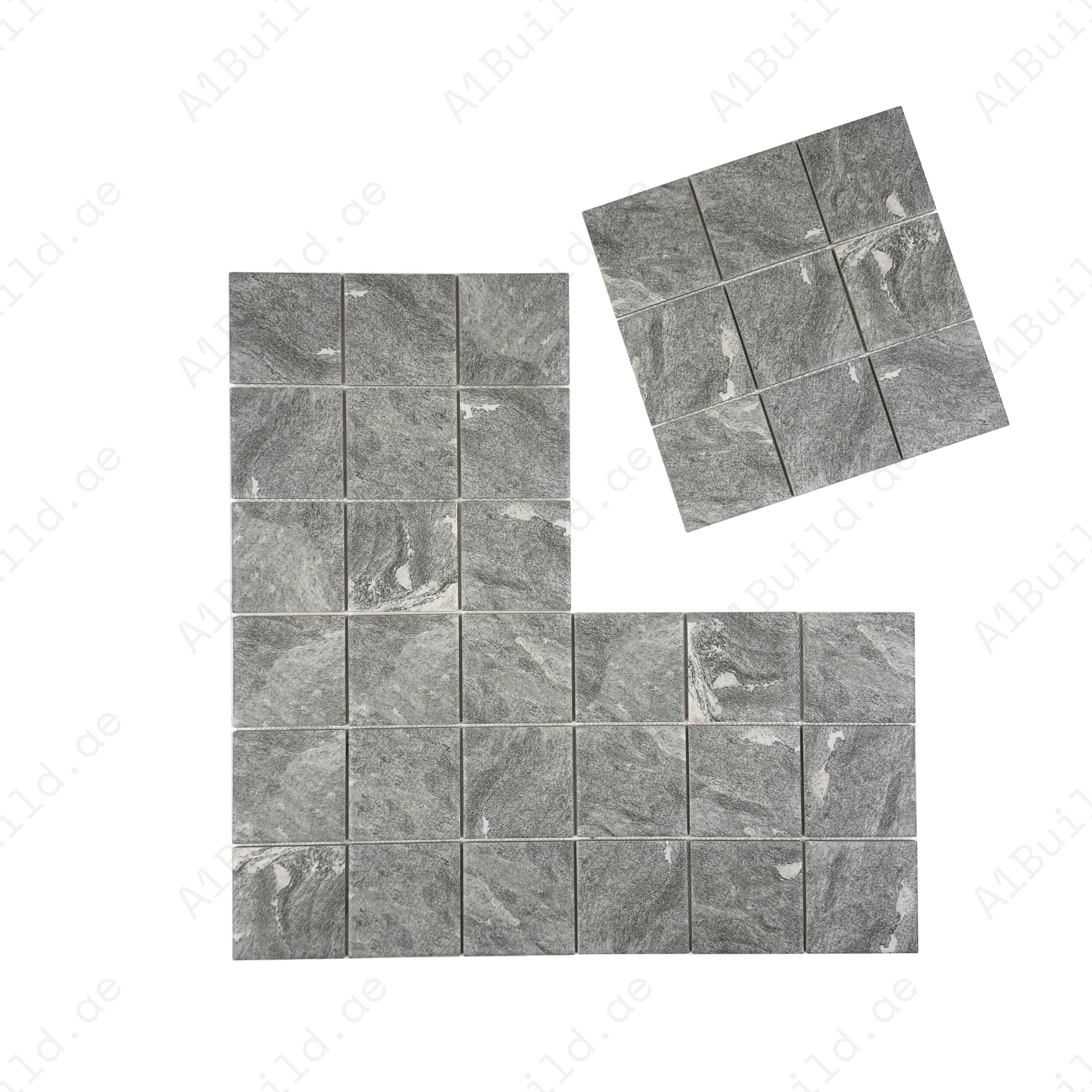 Myanmar grey porcelain mosaic tiles with flat surface for pools, spas & water walls. UV-resistant, slip-proof, eco-friendly, and designed for lasting elegance.