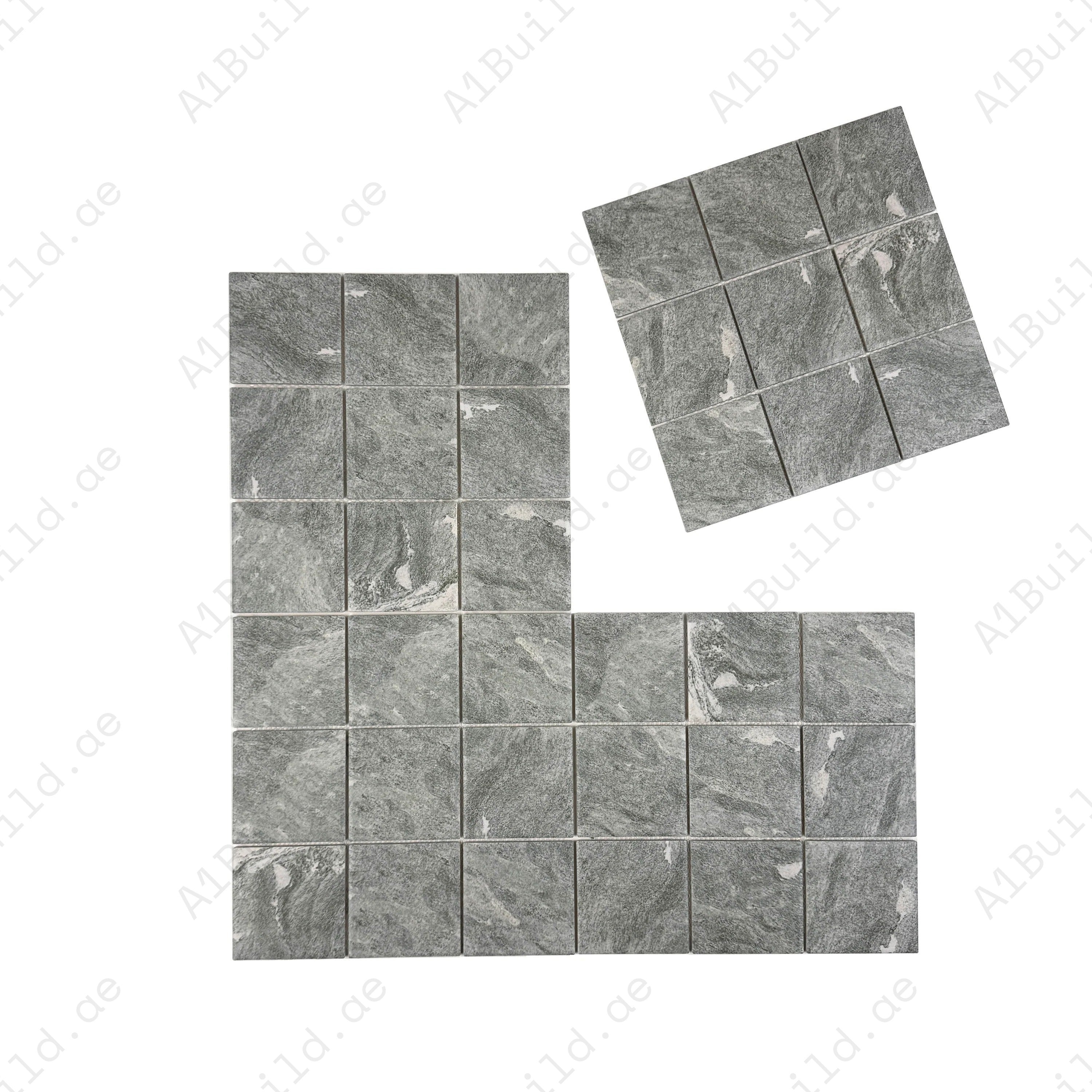 Myanmar grey porcelain mosaic tiles with flat surface for pools, spas & water walls. UV-resistant, slip-proof, eco-friendly, and designed for lasting elegance.