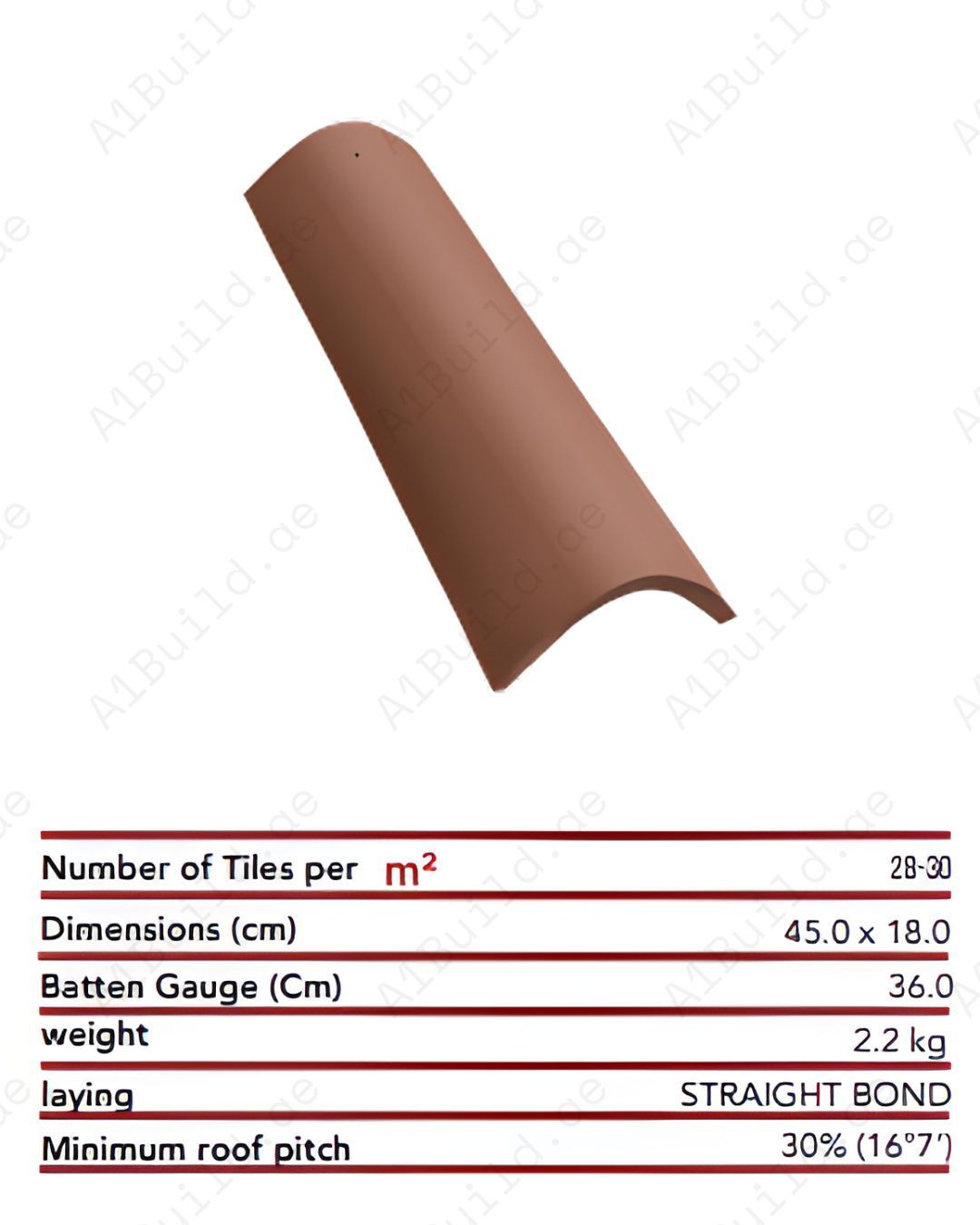 Natural Red Coppo Trafilato roof tile 45×18 cm. 2.2kg, 28–30/m². Curved, durable, traditional red ceramic roofing for long-lasting beauty.
