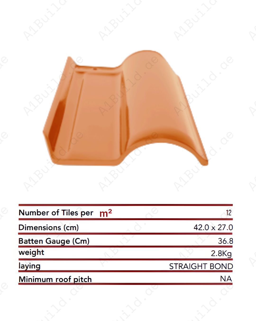Natural Red curved ceramic roof tile 42×27 cm. 2.8kg each, 12/m². Classic design with strong weatherproof performance.