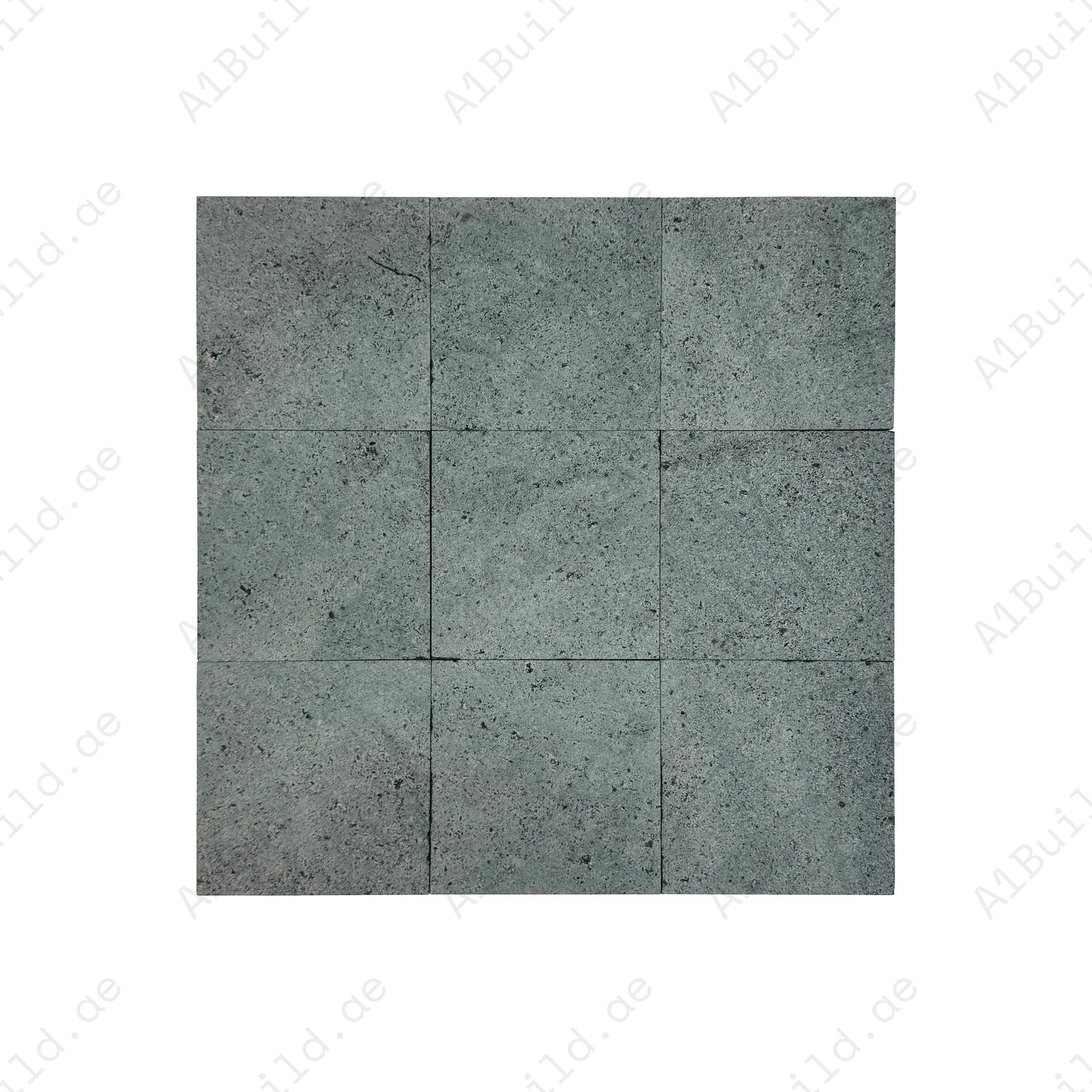 Natural Sukabumi green stone tiles, 200x200x10 mm. Durable, eco-friendly, slip-resistant tiles ideal for pools, spas, and water features in luxury spaces.