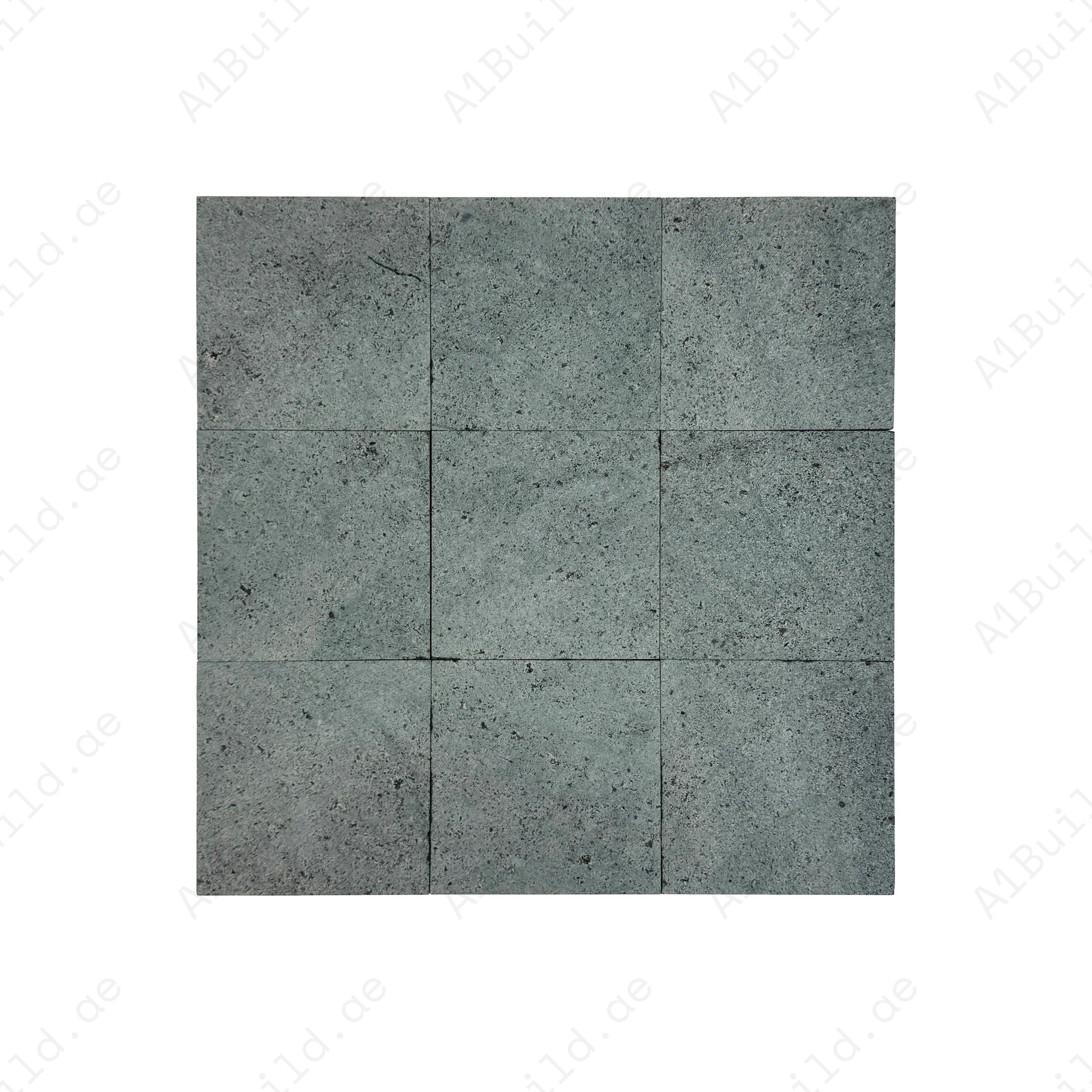Natural Sukabumi green stone tiles, 200x200x10 mm. Durable, eco-friendly, slip-resistant tiles ideal for pools, spas, and water features in luxury spaces.