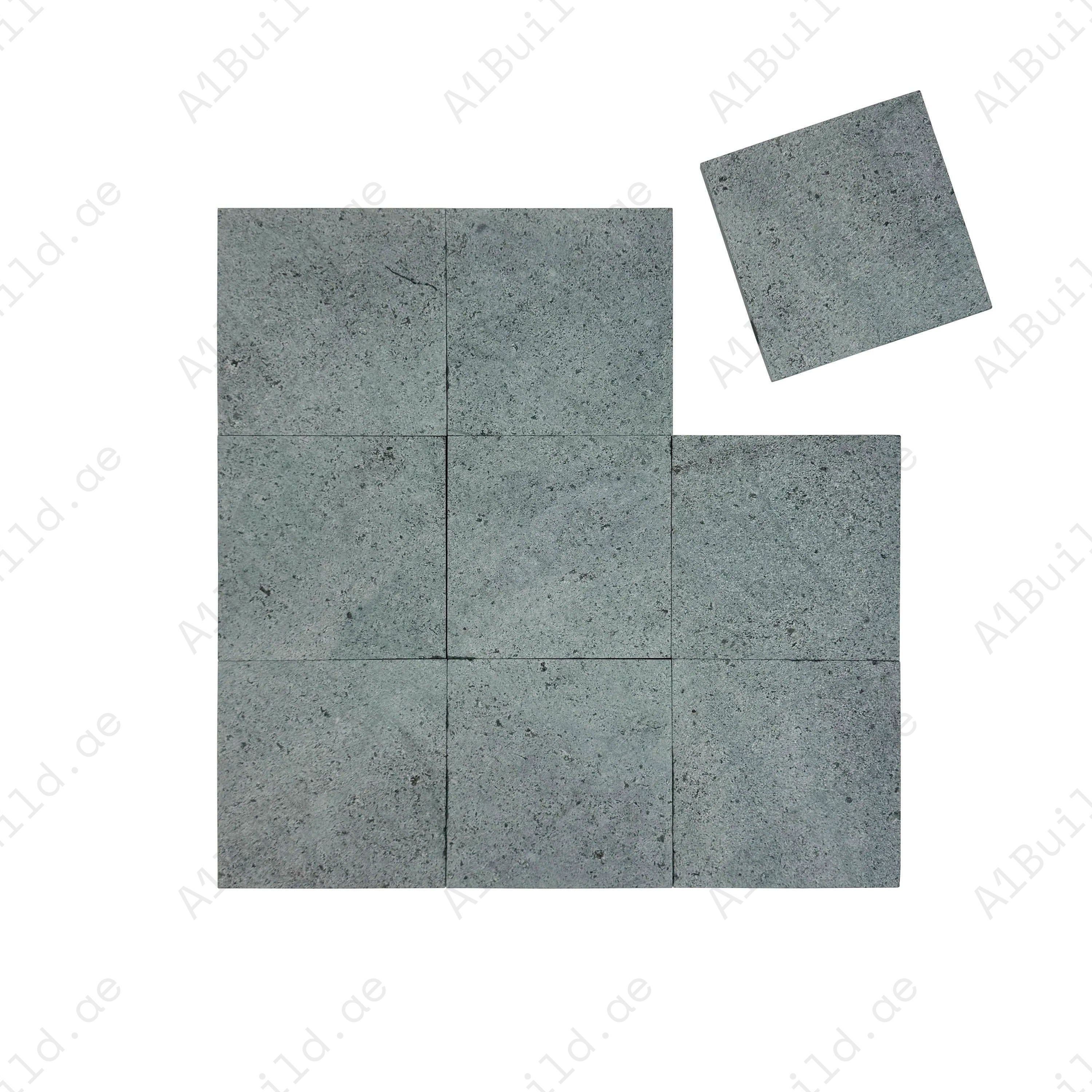 Natural Sukabumi green stone tiles, 200x200x10 mm. Durable, eco-friendly, slip-resistant tiles ideal for pools, spas, and water features in luxury spaces.