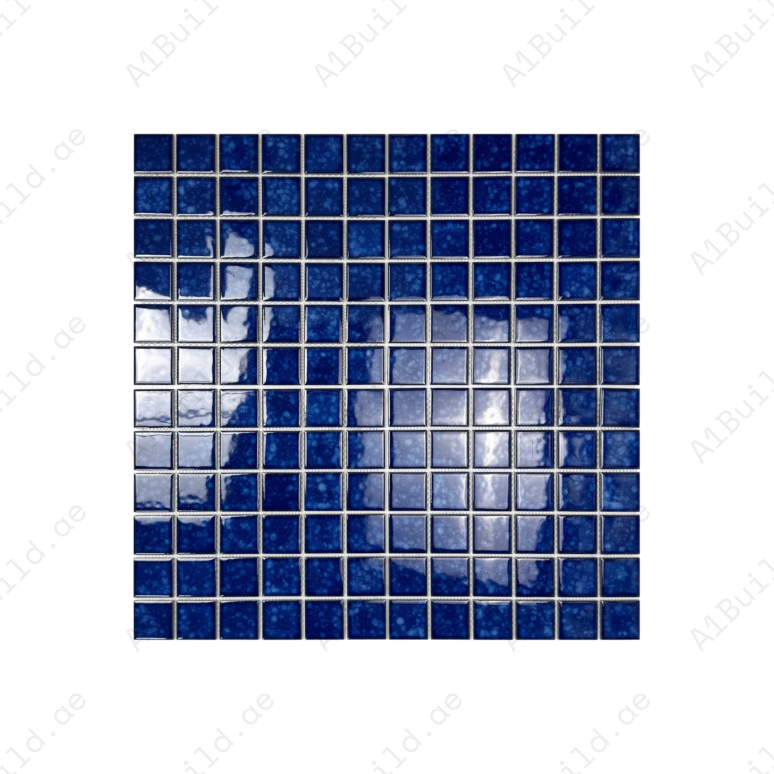Navy Blue Ice Flower crystalline glazed porcelain mosaic for pools, spas & walls. Durable, slip-resistant, waterproof & eco-friendly for Dubai luxury projects.