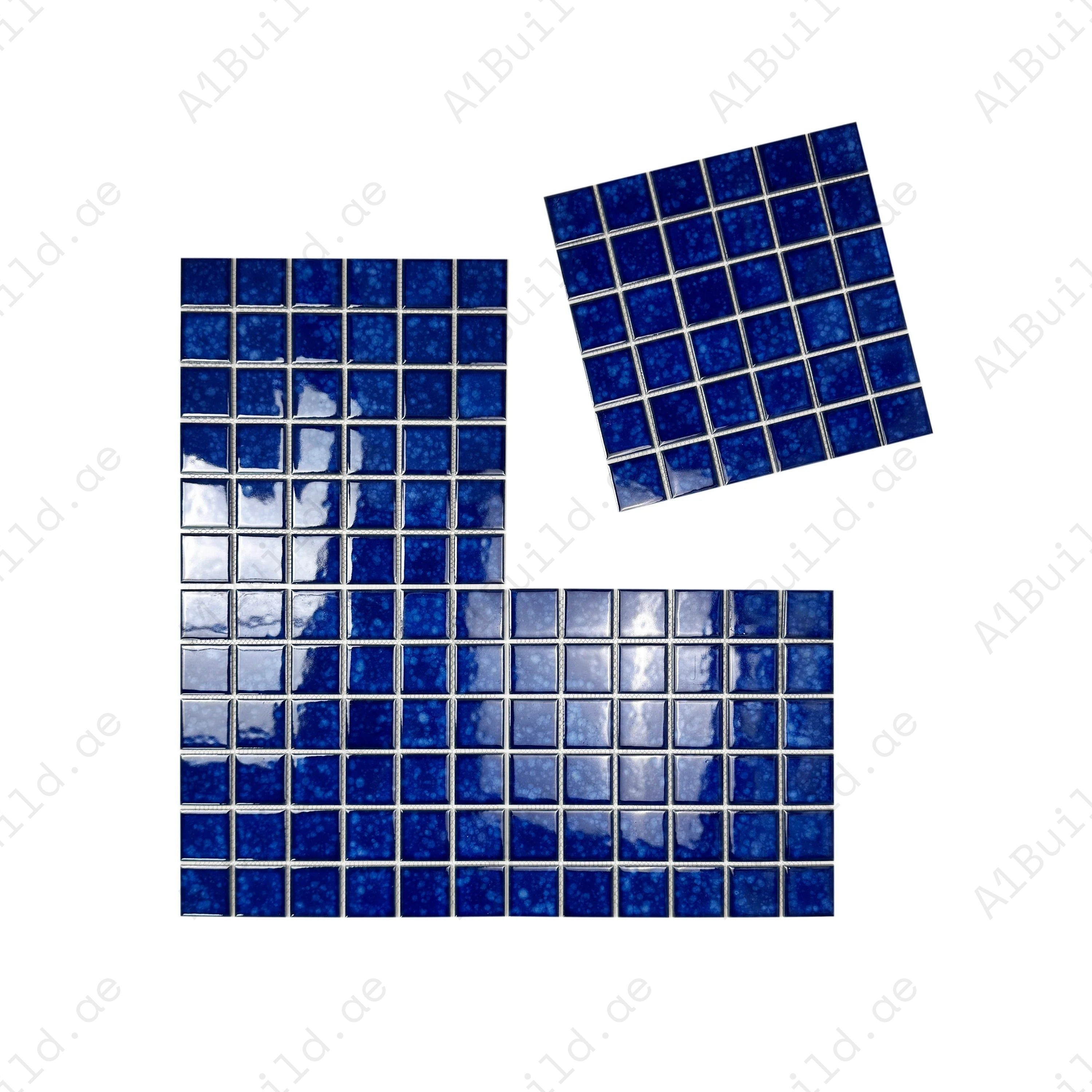 Navy Blue Ice Flower crystalline glazed porcelain mosaic for pools, spas & walls. Durable, slip-resistant, waterproof & eco-friendly for Dubai luxury projects.