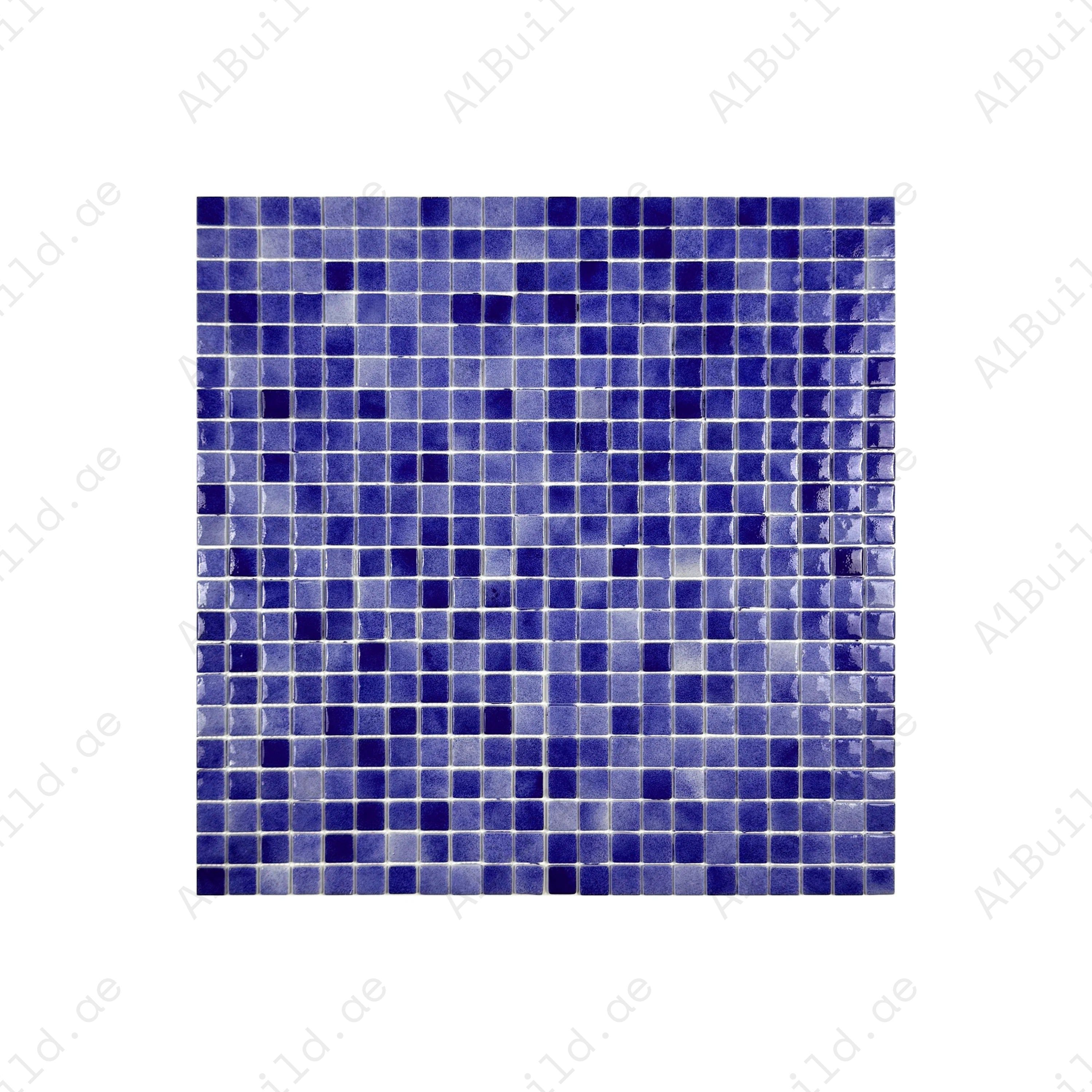 Navy and midnight blue glossy recycled glass mosaic tiles. Durable, eco-friendly, and slip-resistant—ideal for pools, spas, bathrooms, and water features.