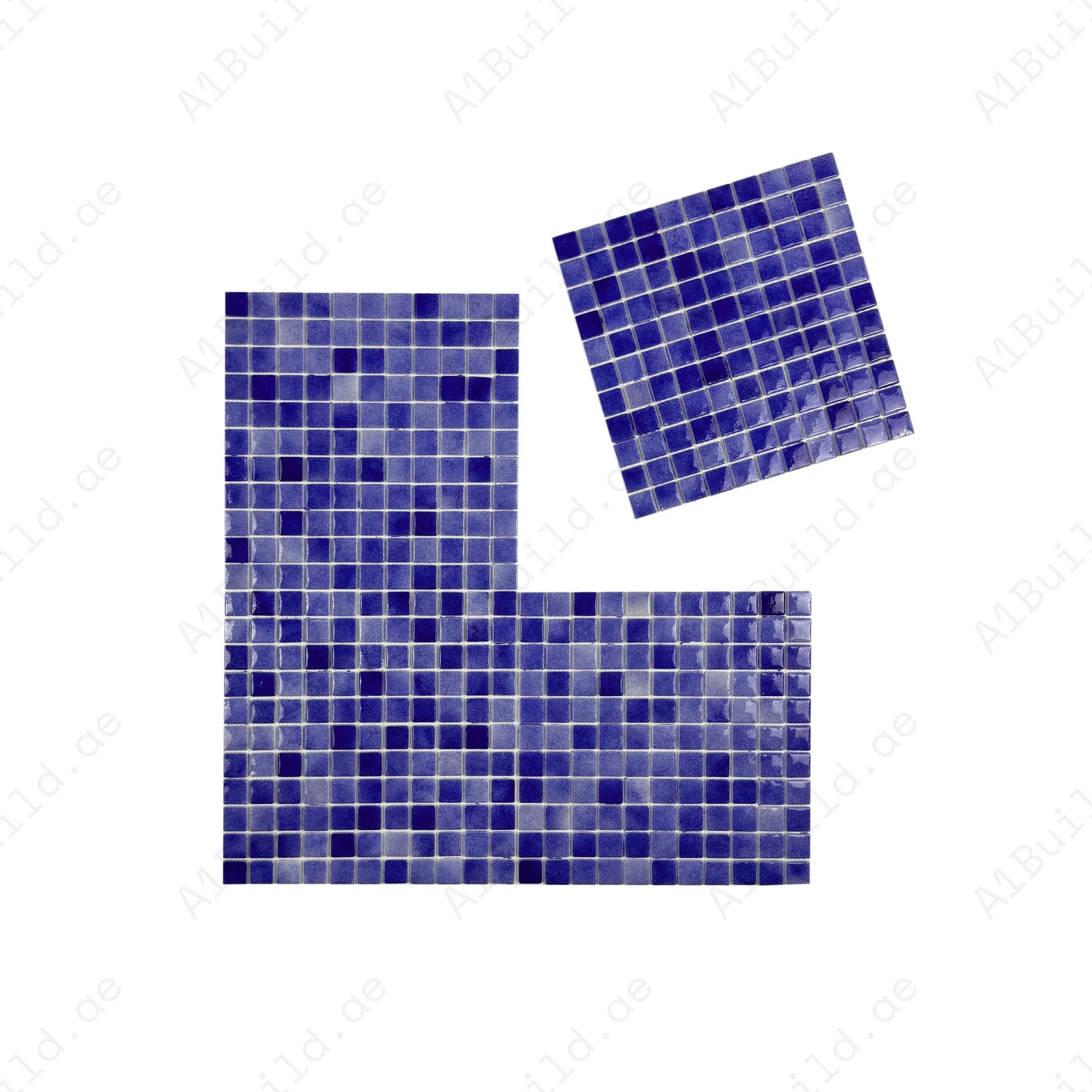 Navy and midnight blue glossy recycled glass mosaic tiles. Durable, eco-friendly, and slip-resistant—ideal for pools, spas, bathrooms, and water features.