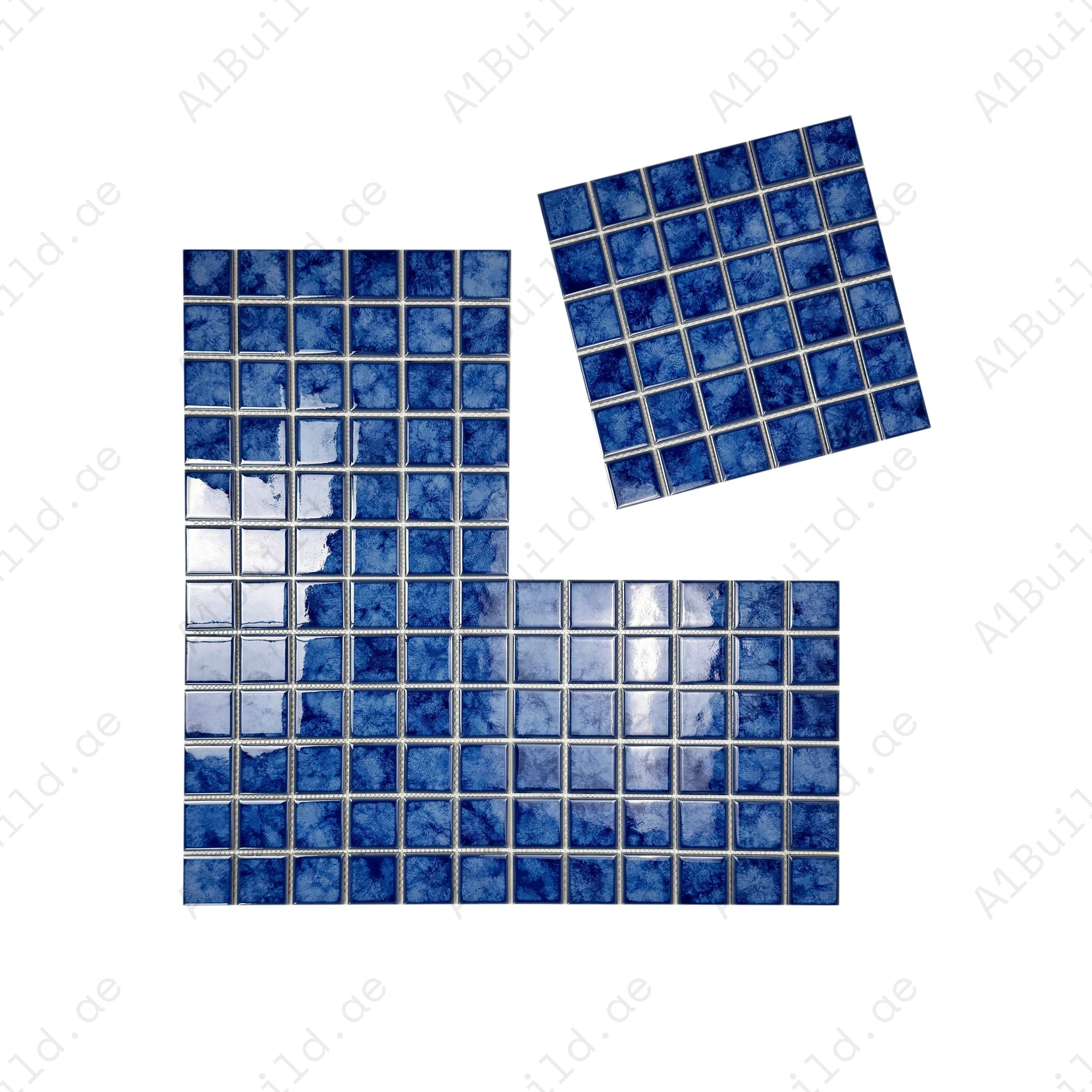 Neon Blue Iced Flower crystalline glazed porcelain mosaic for pools, spas & walls. Durable, slip-resistant, waterproof & eco-friendly for Dubai luxury projects.