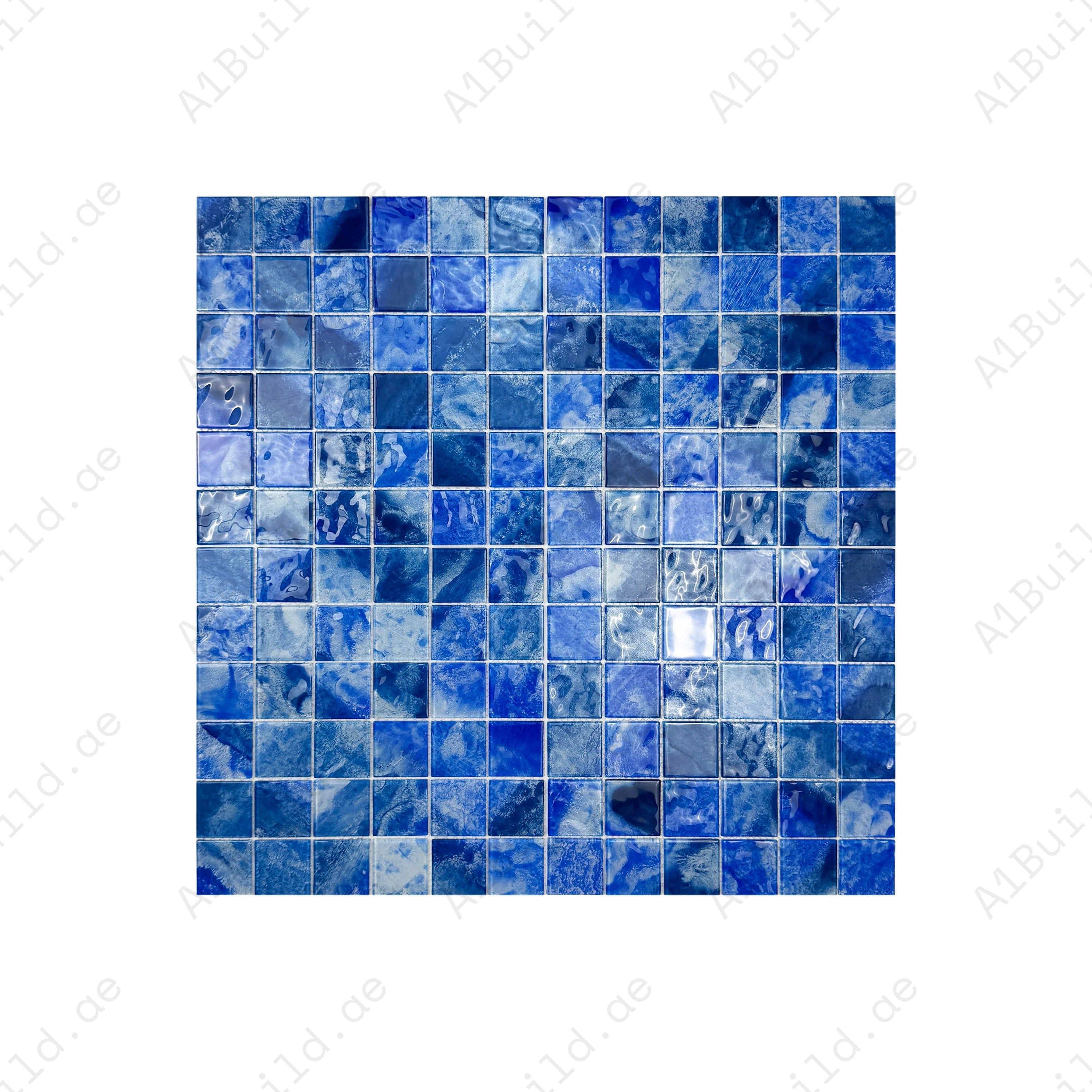 Neon Blue & Yale Blue glass mosaic tile for pools, spas & walls. Durable, slip-resistant, eco-friendly & perfect for Dubai luxury aquatic projects.