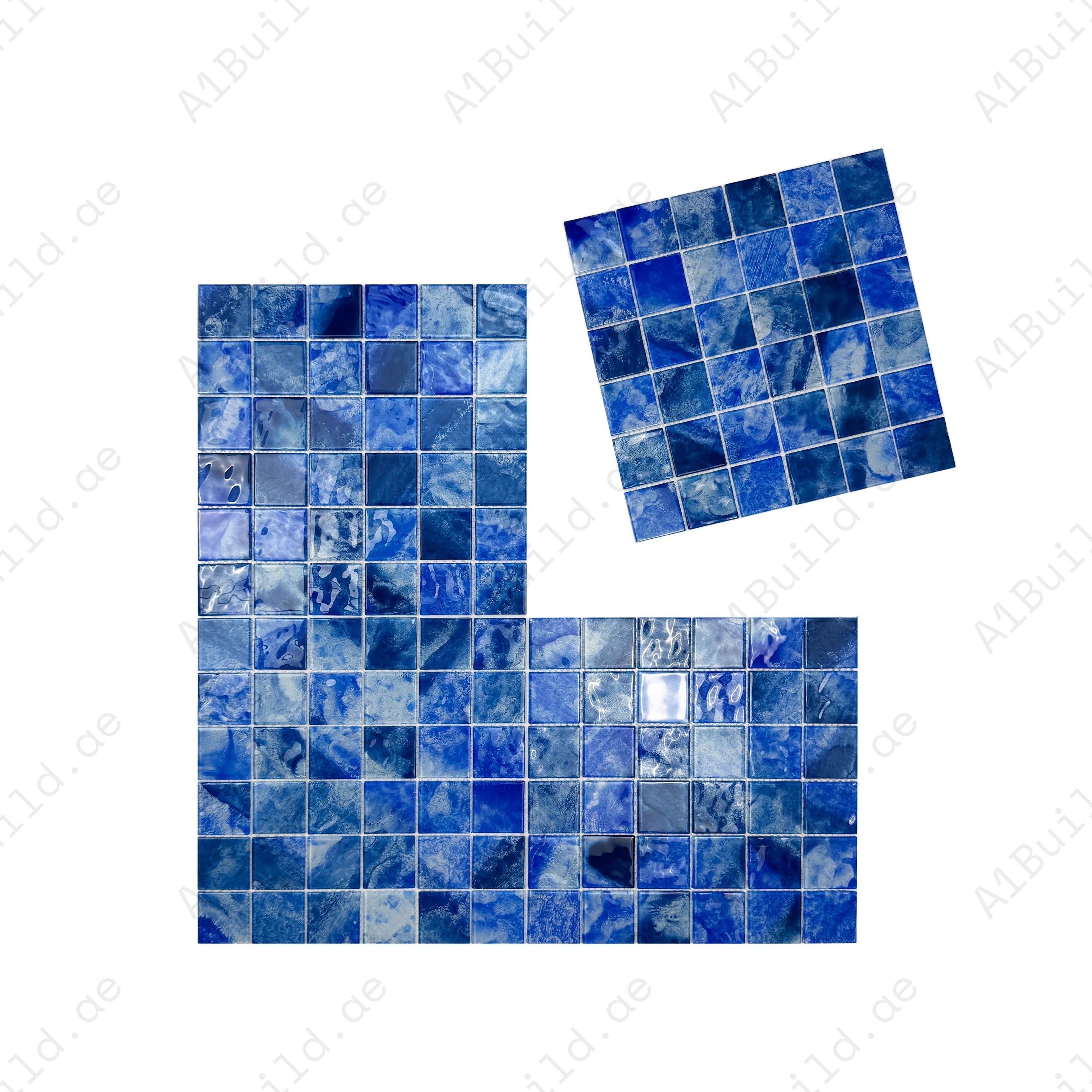 Neon Blue & Yale Blue glass mosaic tile for pools, spas & walls. Durable, slip-resistant, eco-friendly & perfect for Dubai luxury aquatic projects.