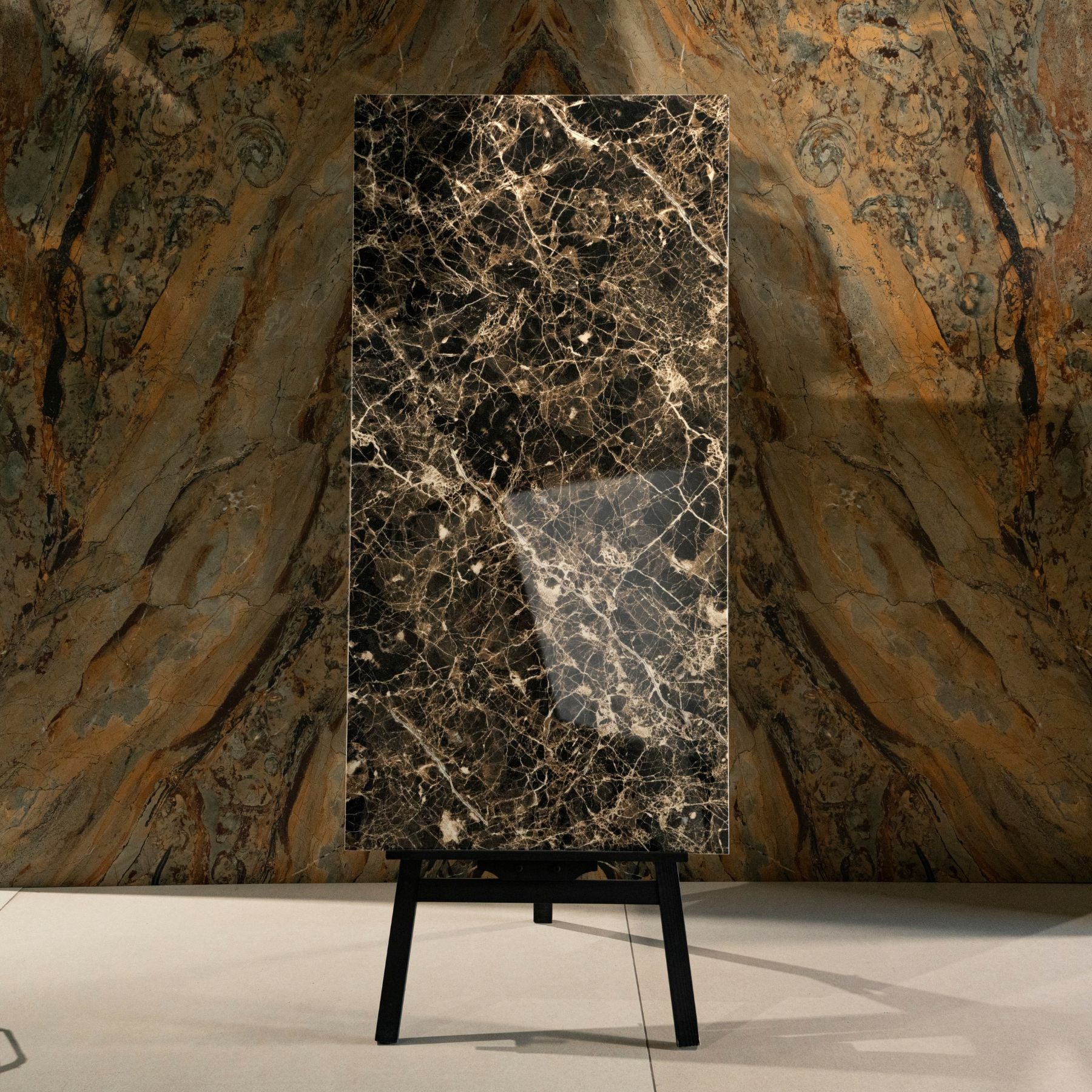 Nero Gold Lux glossy marble effect porcelain tile 60x120cm with 9mm thickness features deep black base with gold veining and polished luxury finish.