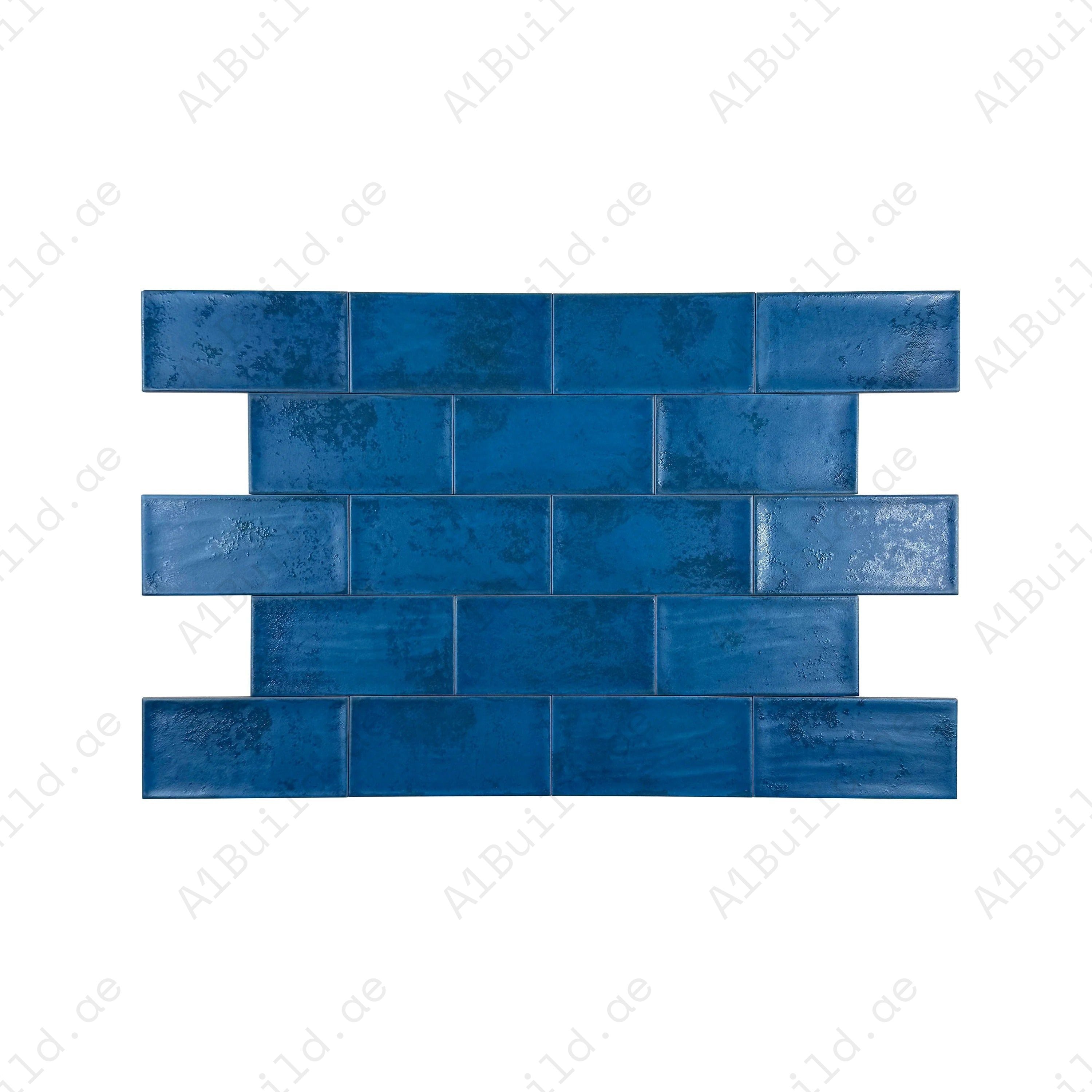 Ocean Blue matte ceramic artisanal tile with elegant long-strip design. Durable, waterproof, scratch-resistant, perfect for kitchen, bathroom, indoor & outdoor spaces.