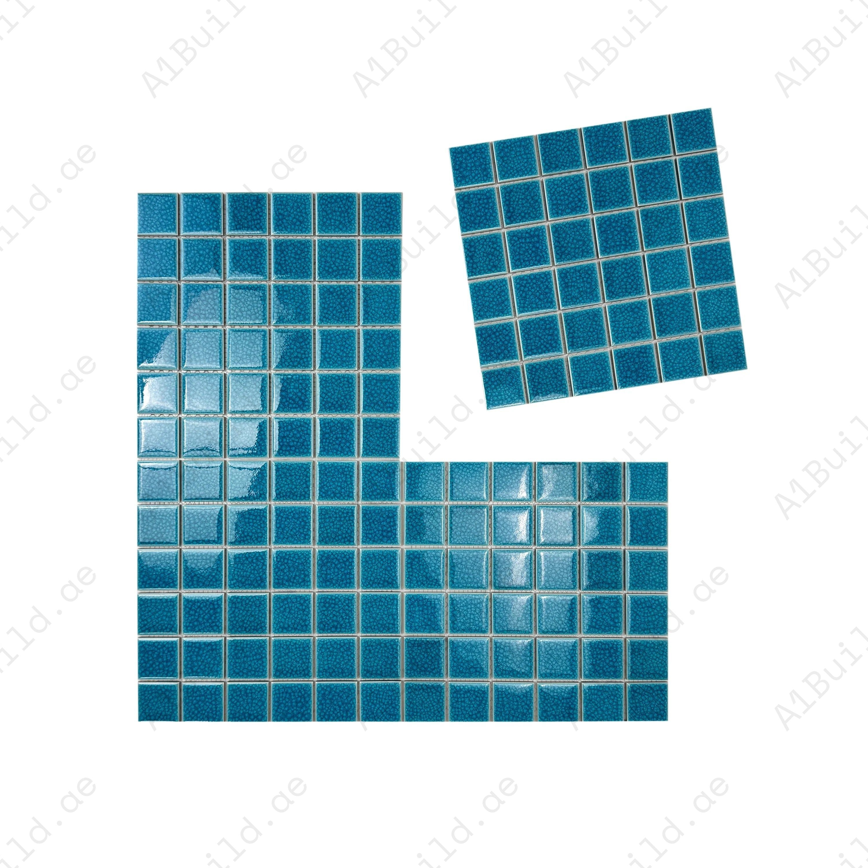Oceanic Opal Cyan, Navy & Sapphire Blue Mosaic. Premium porcelain tiles – waterproof, UV-stable, and ideal for pools, spas, and elegant water features.