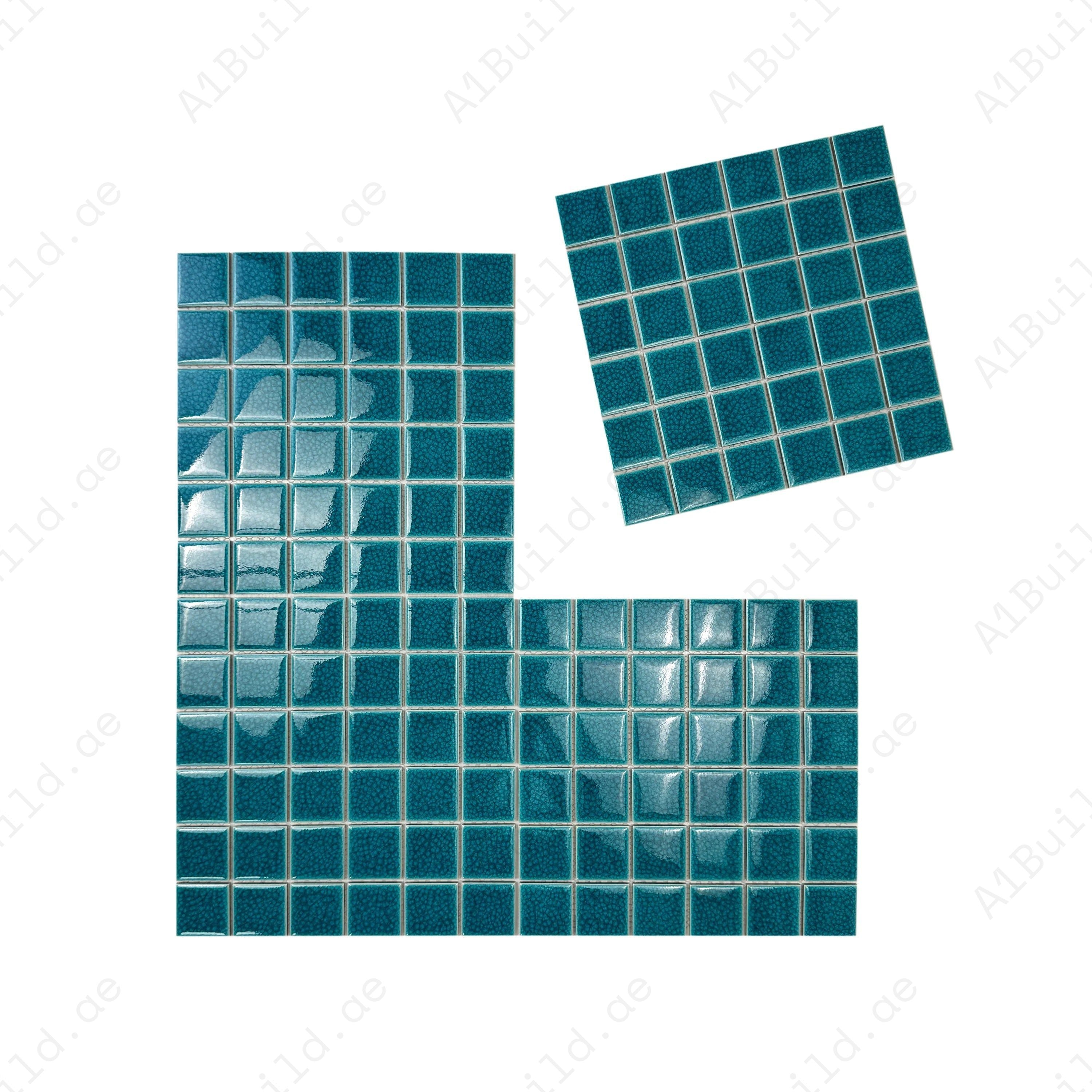 Oceanic Opal Dark Teal Blue Convex Crackle Porcelain Mosaic. Durable, UV-resistant, slip-proof tiles for pools, spas, water features & luxury aquatic walls.