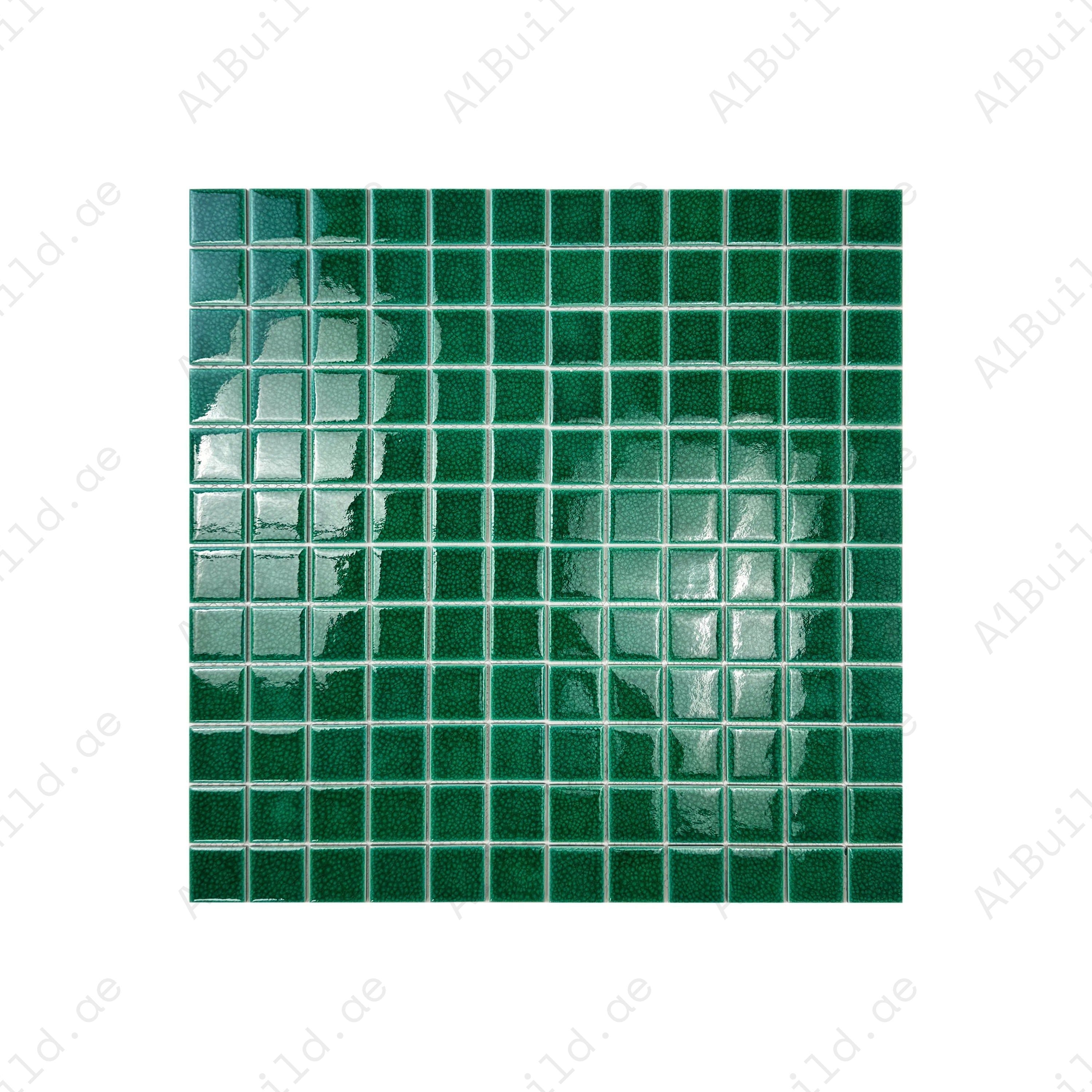 Oceanic Opal Forest Green Convex Crackle Porcelain Mosaic. UV-resistant, slip-proof, waterproof tiles for pools, spas, water features & luxury aquatic designs.