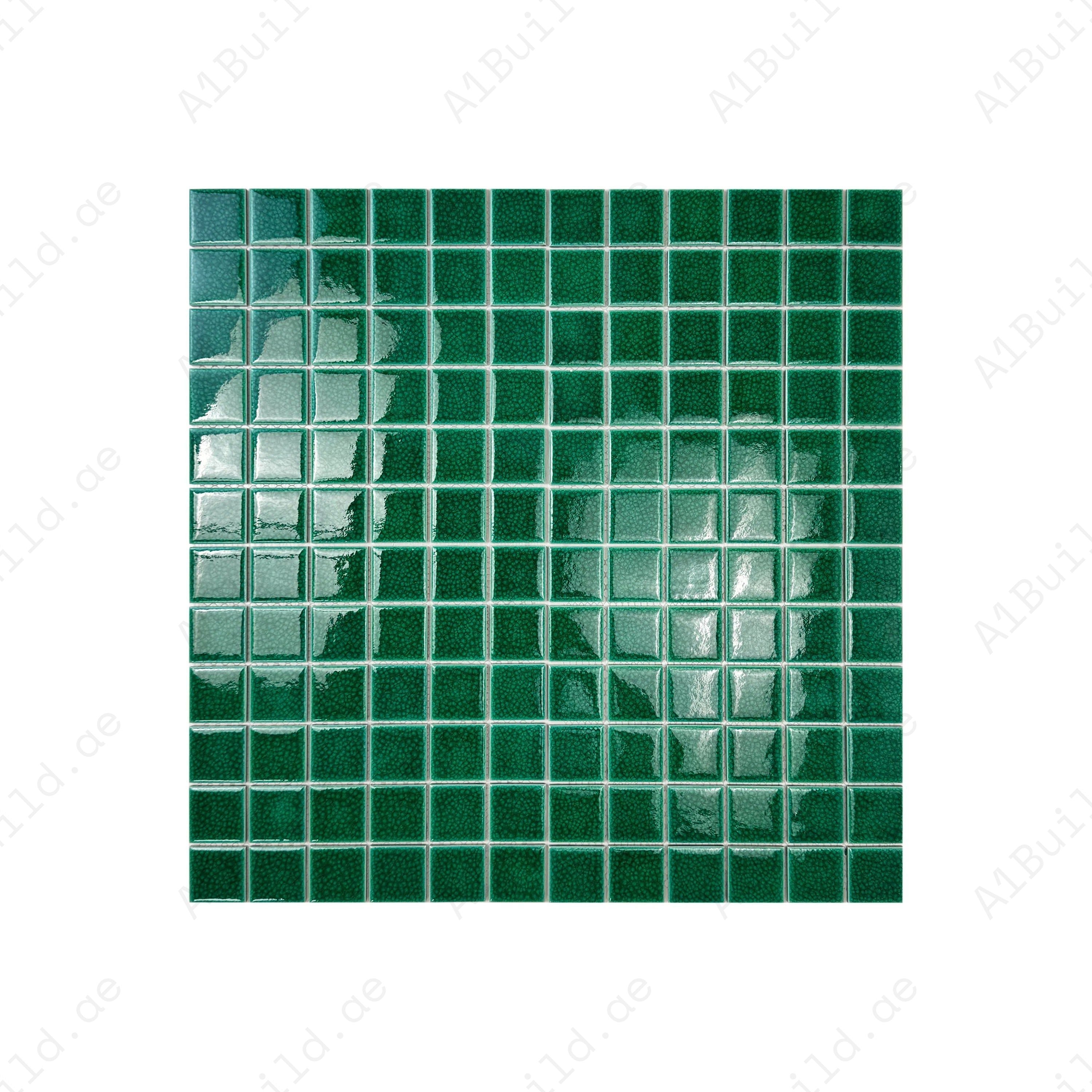 Oceanic Opal Forest Green Convex Crackle Porcelain Mosaic. UV-resistant, slip-proof, waterproof tiles for pools, spas, water features & luxury aquatic designs.