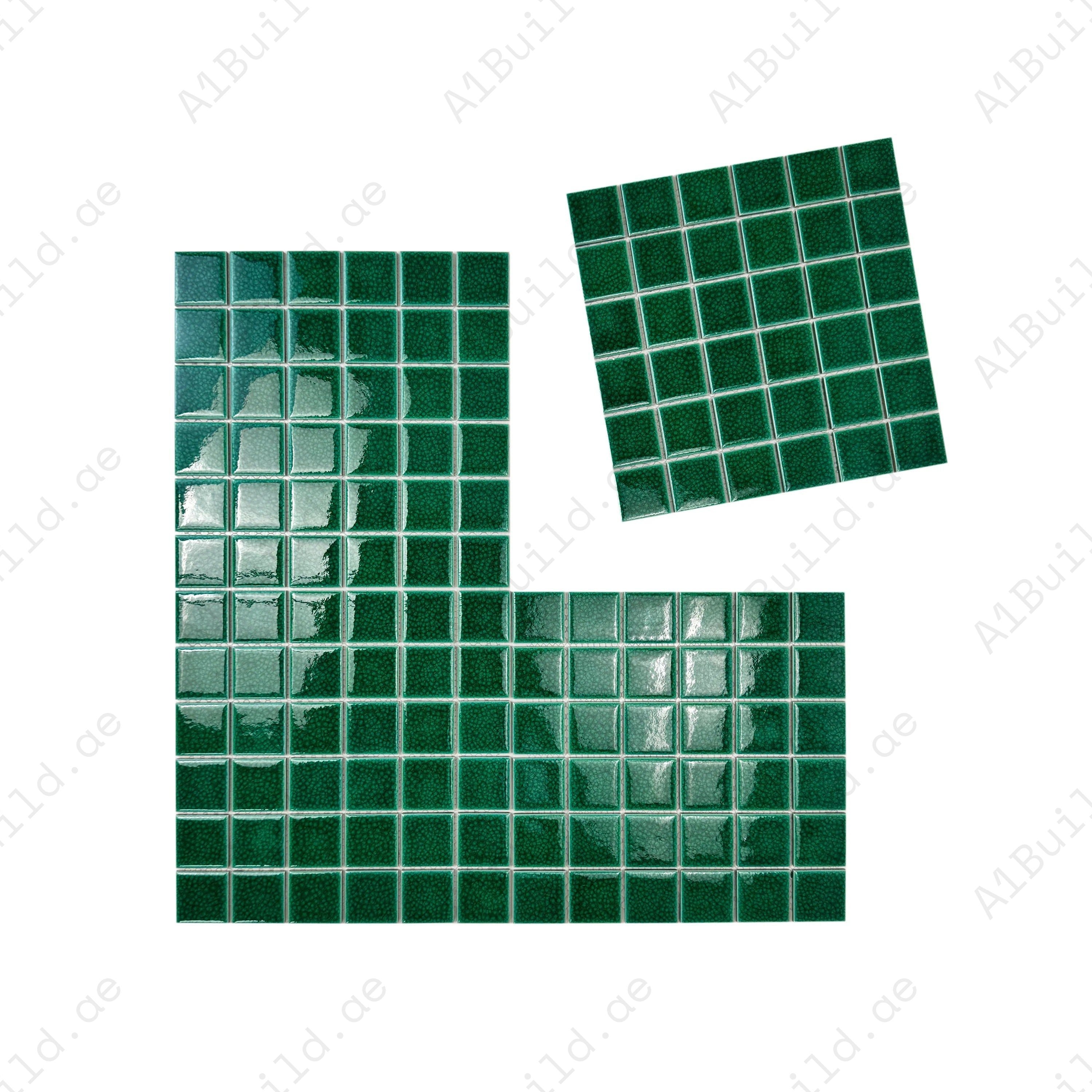 Oceanic Opal Forest Green Convex Crackle Porcelain Mosaic. UV-resistant, slip-proof, waterproof tiles for pools, spas, water features & luxury aquatic designs.